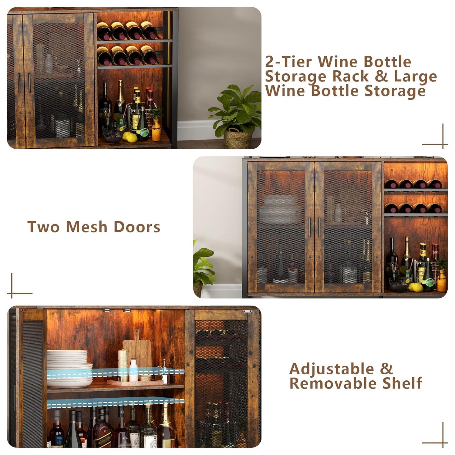 17 Stories Hoffarth 47.24'' Wine Bar Cabinet with LED Lights, Liquor Cabinet Coffee Bar Cabinet with 3 Storage Compartments & Wine Rack & Glass Holder