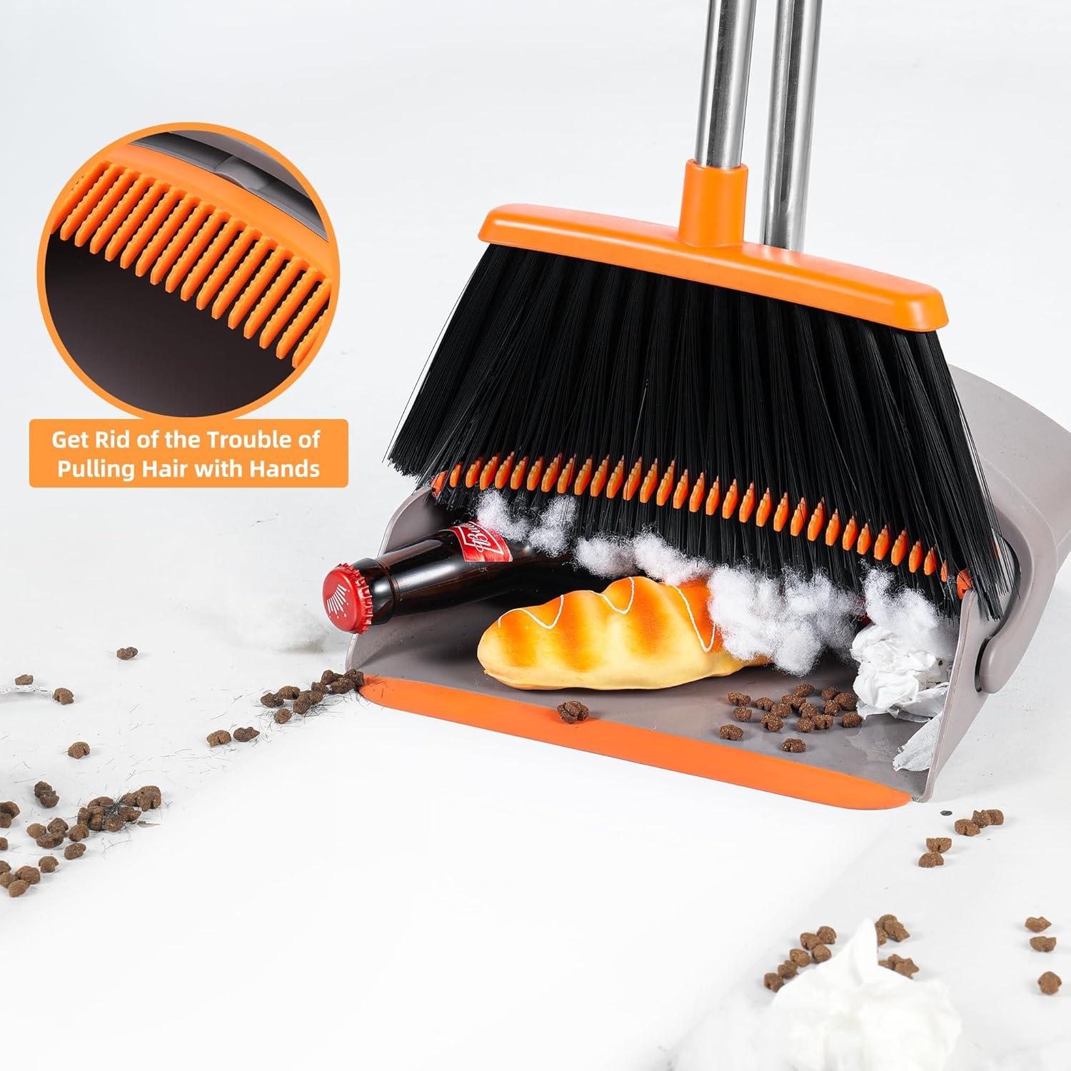 Adjustable Stainless Steel Broom and Dustpan Set with Orange Handle