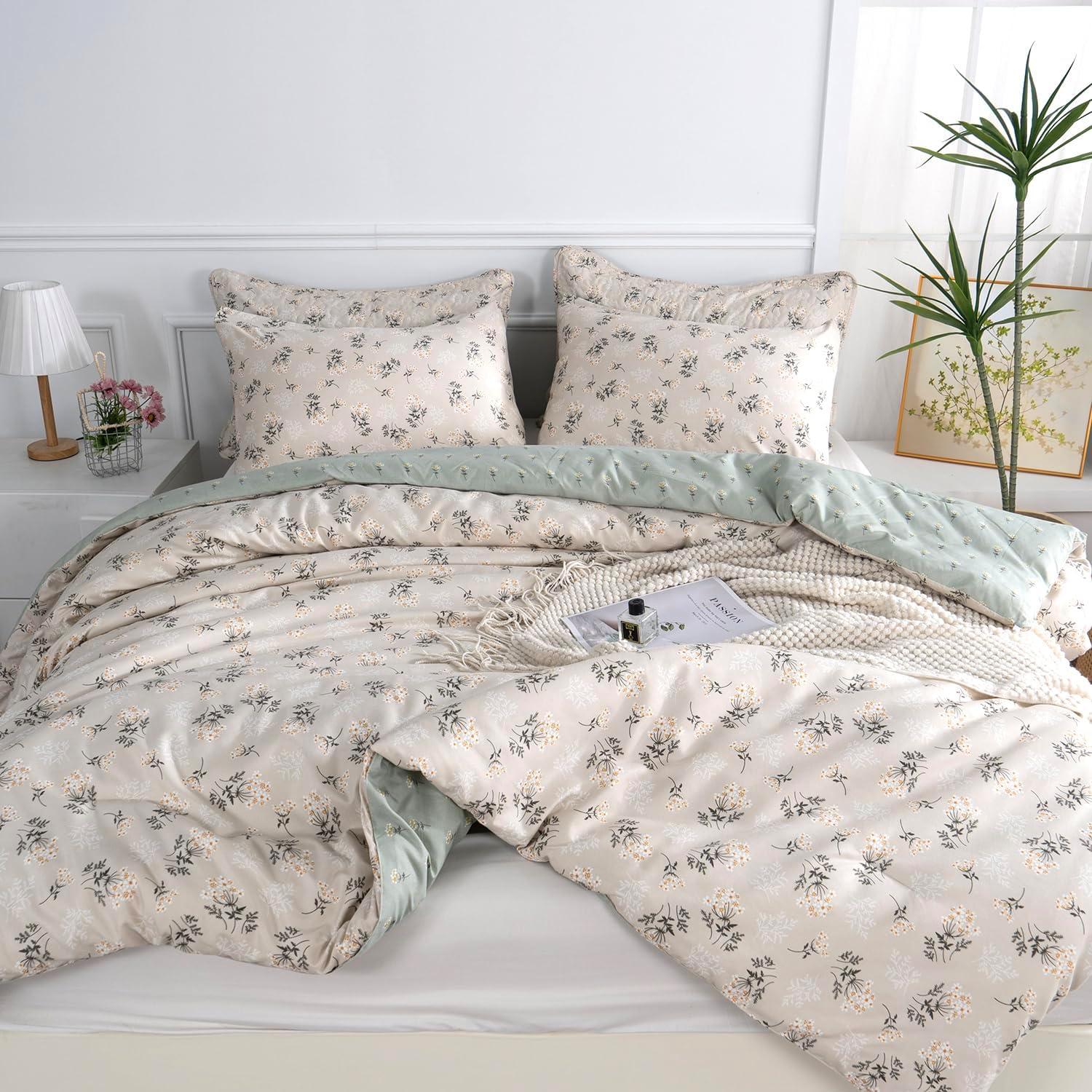 Floral Comforter Set King 3 Pieces Soft Chic Garden Style Green Floral Print Lightweight Botanical Flower Comforter Set for All Seasons 1 Comforter and 2 Pillowcases