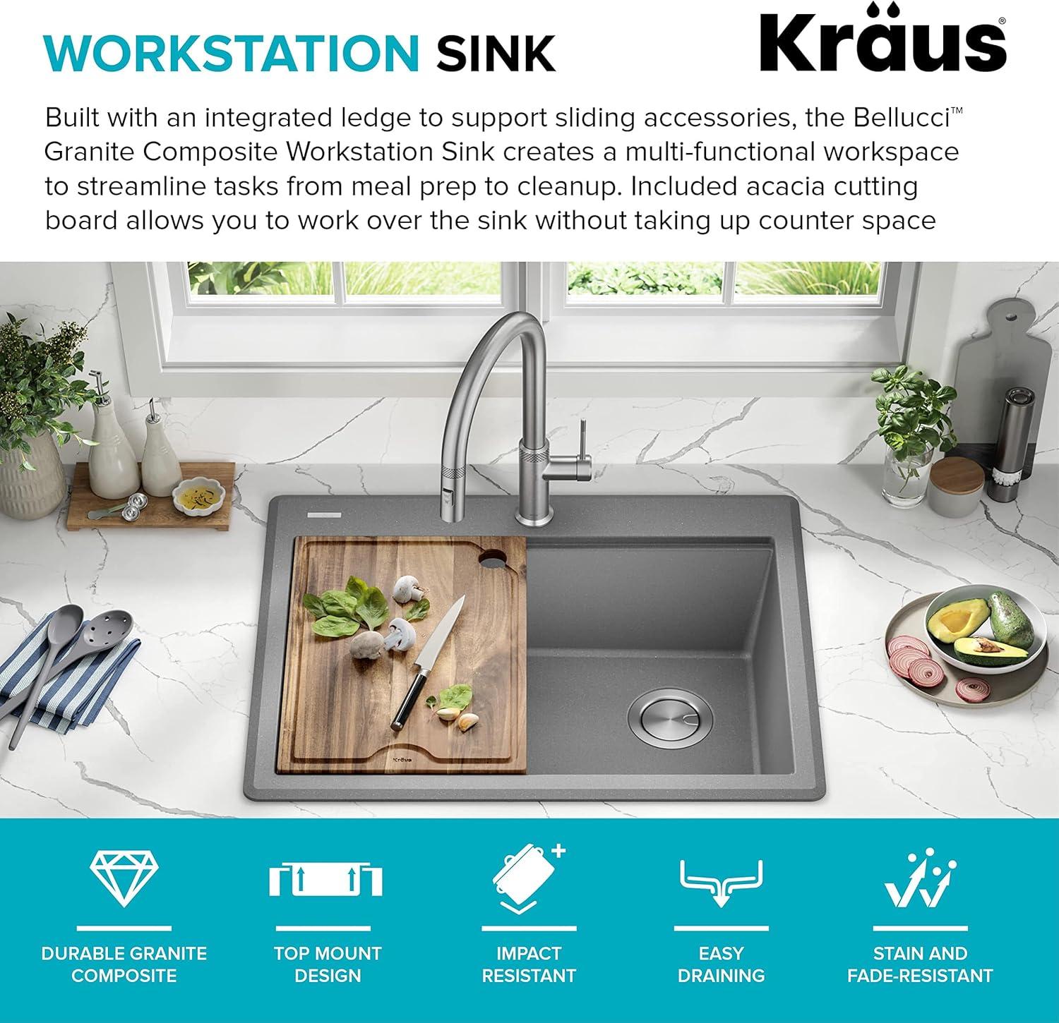 KRAUS Bellucci Granite Composite Workstation Drop-In Top Mount Single Bowl Kitchen Sink with Accessories