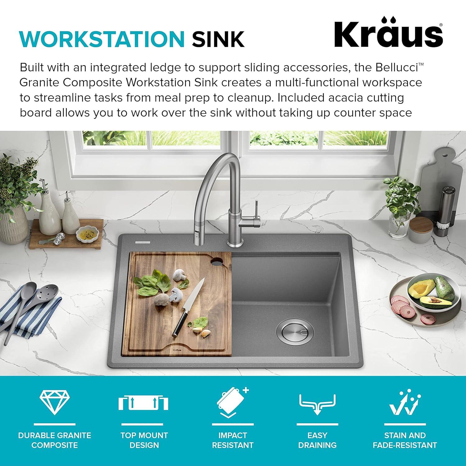 KRAUS Bellucci Granite Composite Workstation Drop-In Top Mount Single Bowl Kitchen Sink with Accessories