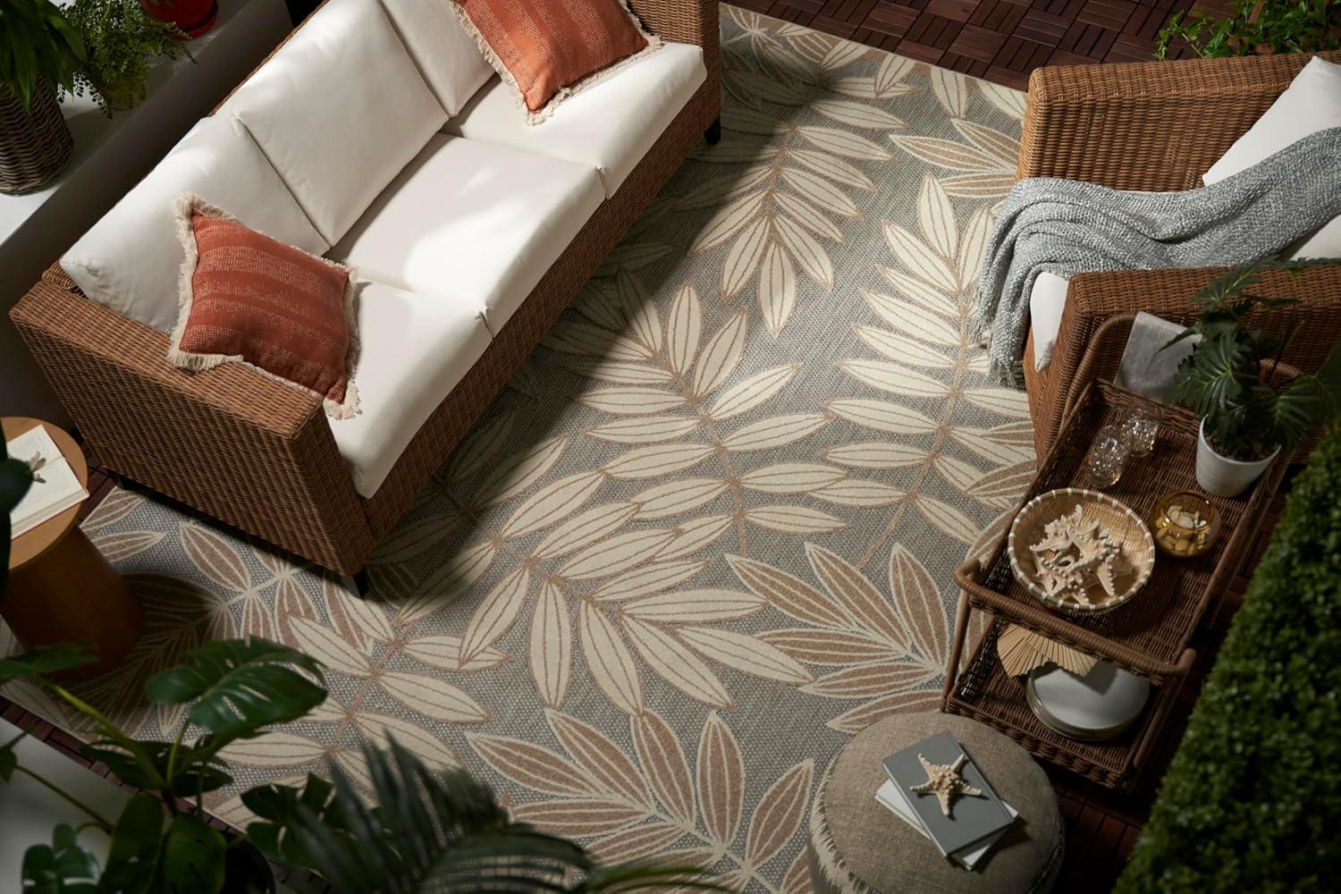 Nourison Aloha Floral Leaf Flatweave High-Low Indoor Outdoor Area Rug Natural 7' x 10'