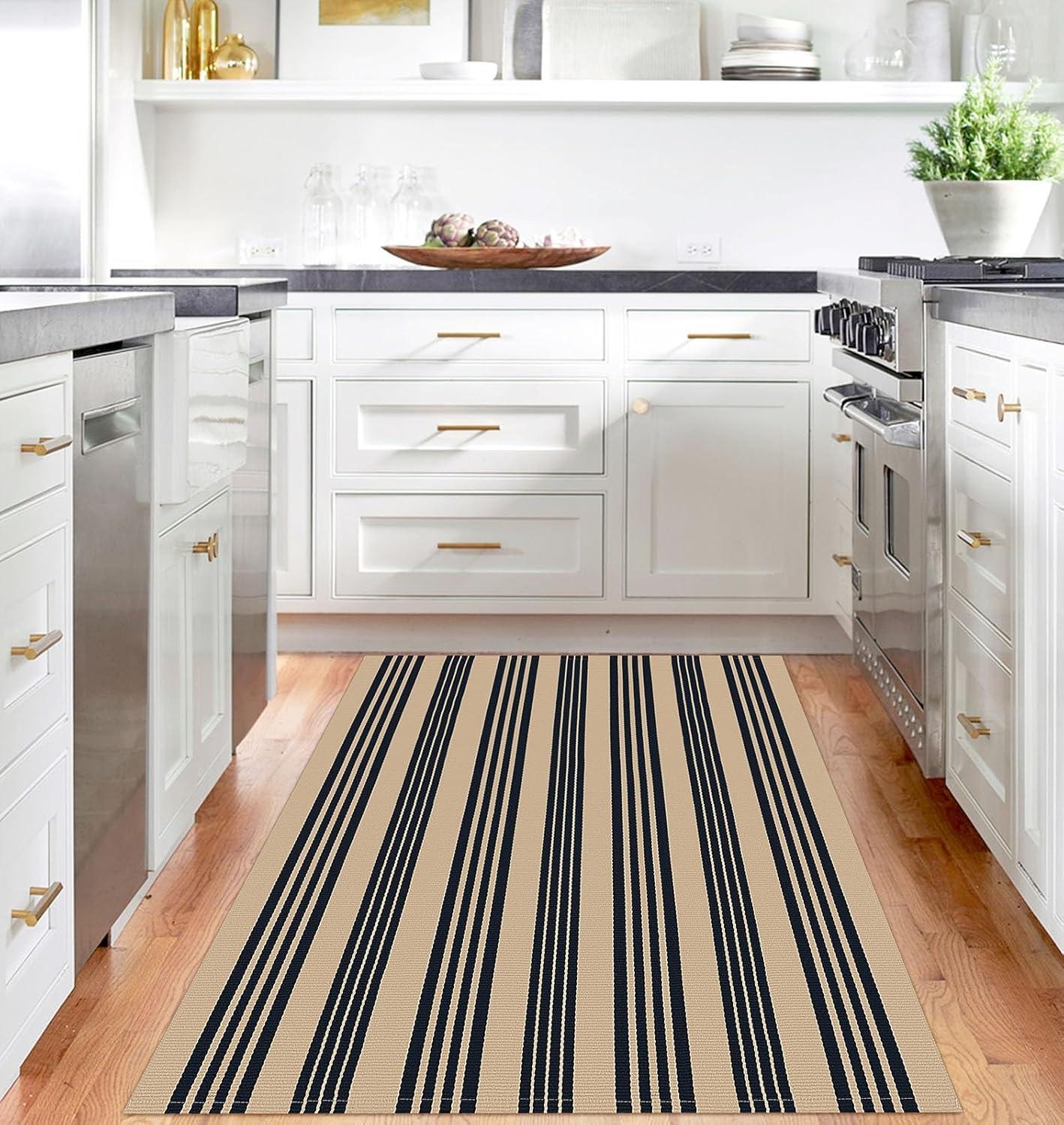 IOHOUZE Navy and White Striped Rug 2'x3' Front Door Rugs, Small Washable Area Rug for Front Porch, Spring Summer Doormats Outdoor Indoor, Cotton Rugs for Entryway Porch Entrance