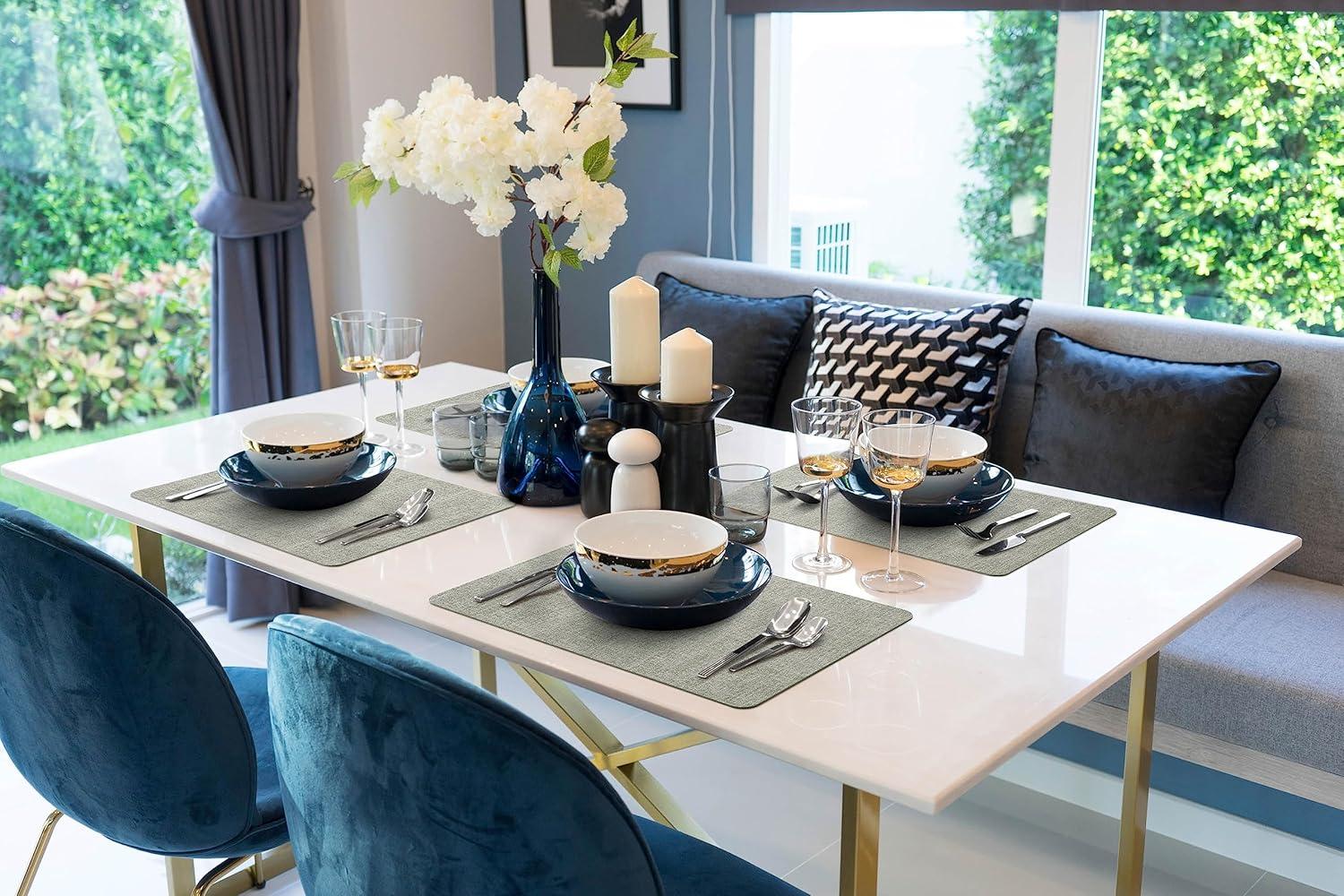 FOCUSLINE Faux Leather Placemats Set of 6, Light Grey Table Place Mats, Waterproof and Non-Slip Dining Table Mats for Indoor & Outdoor Use