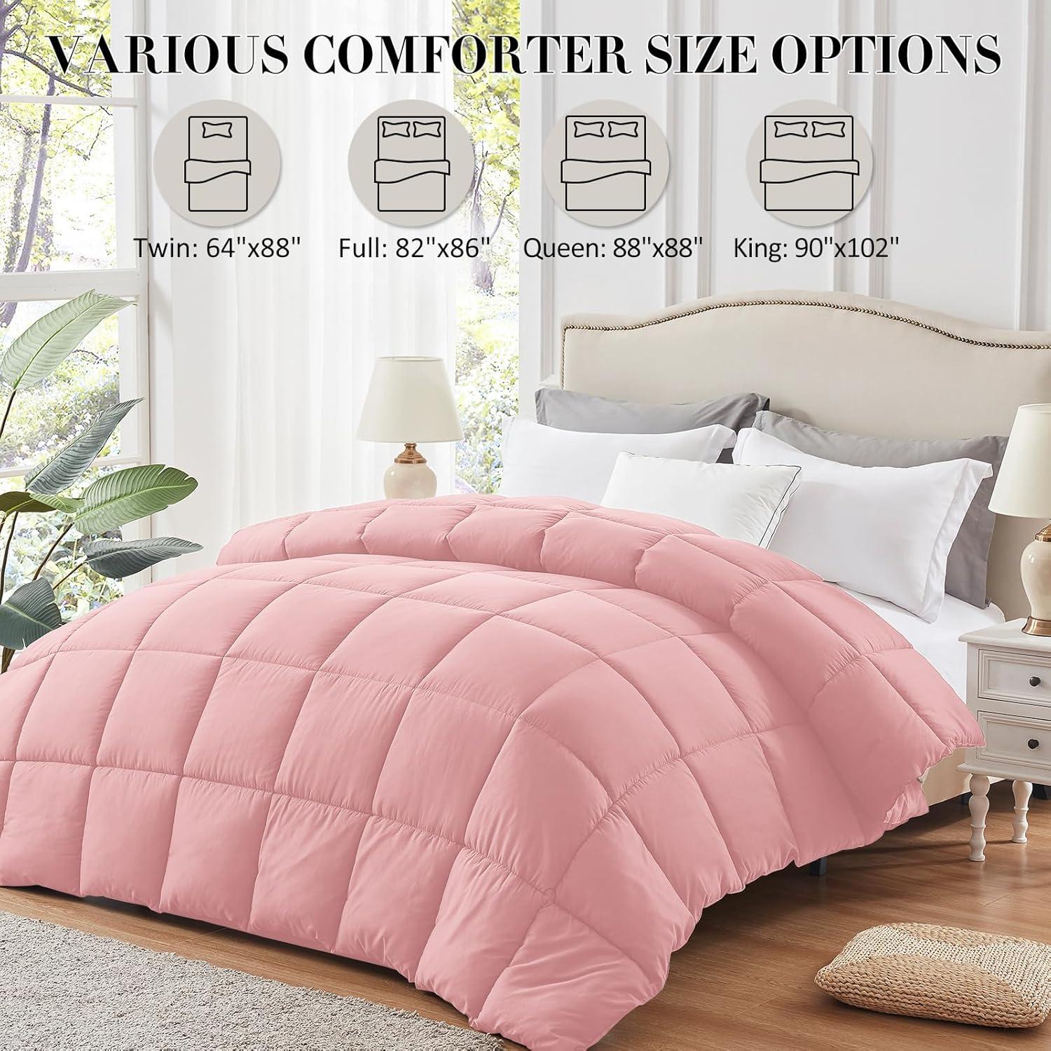 100% Cotton All-Season Comforter - Box Stitched Comforter - Bedding with Corner Tabs Machine Washable Lightweight Color Pink Solid Pattern Size Oversized Queen (98"x98")