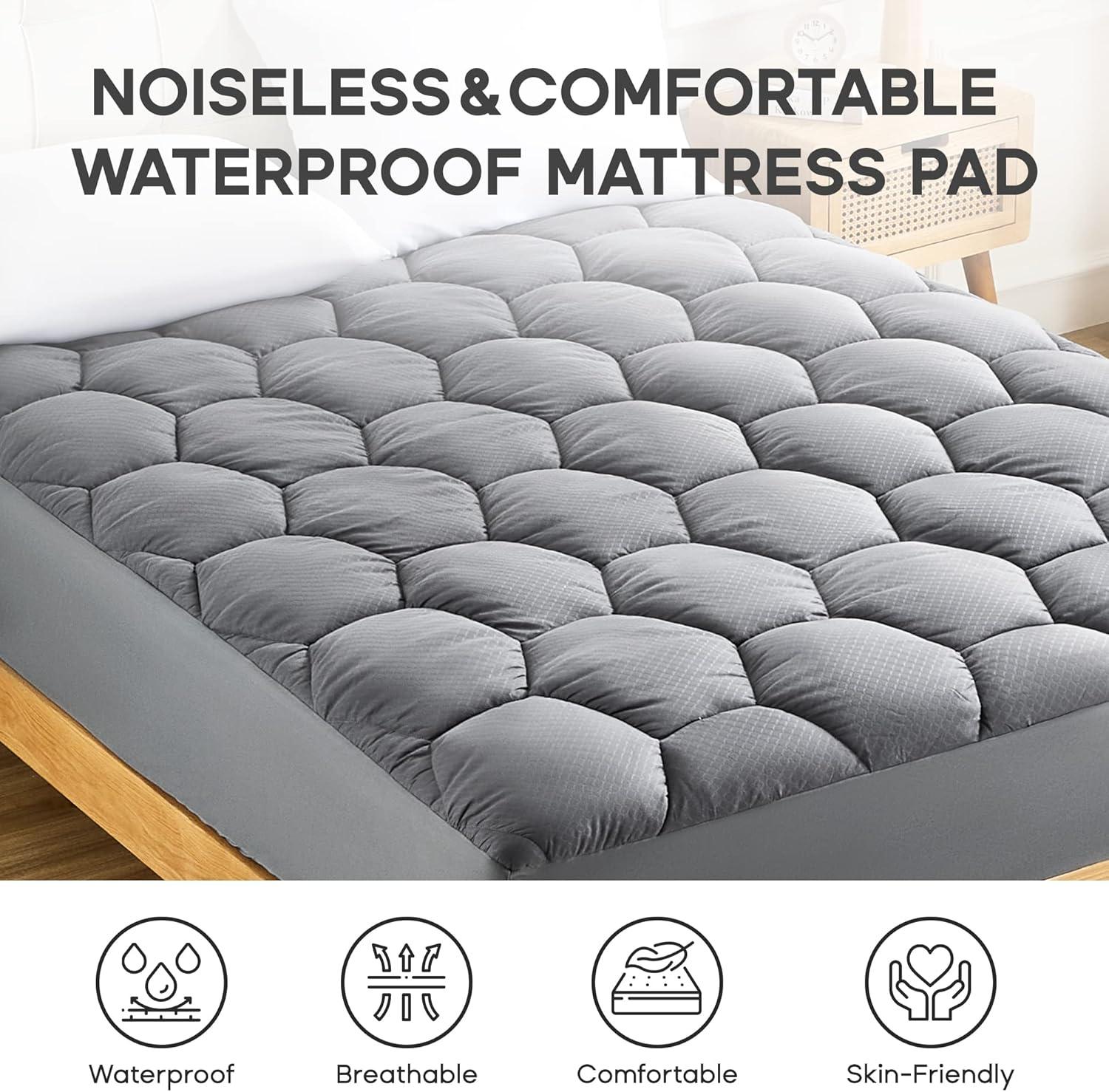 SONIVE Mattress Pad Waterproof Ultra Fluffy Soft Breathable Noiseless Quilted Fitted Mattress Protector Premuim Alternative Filling Topper Deep Pocket up to 21'' （Grey, Queen）