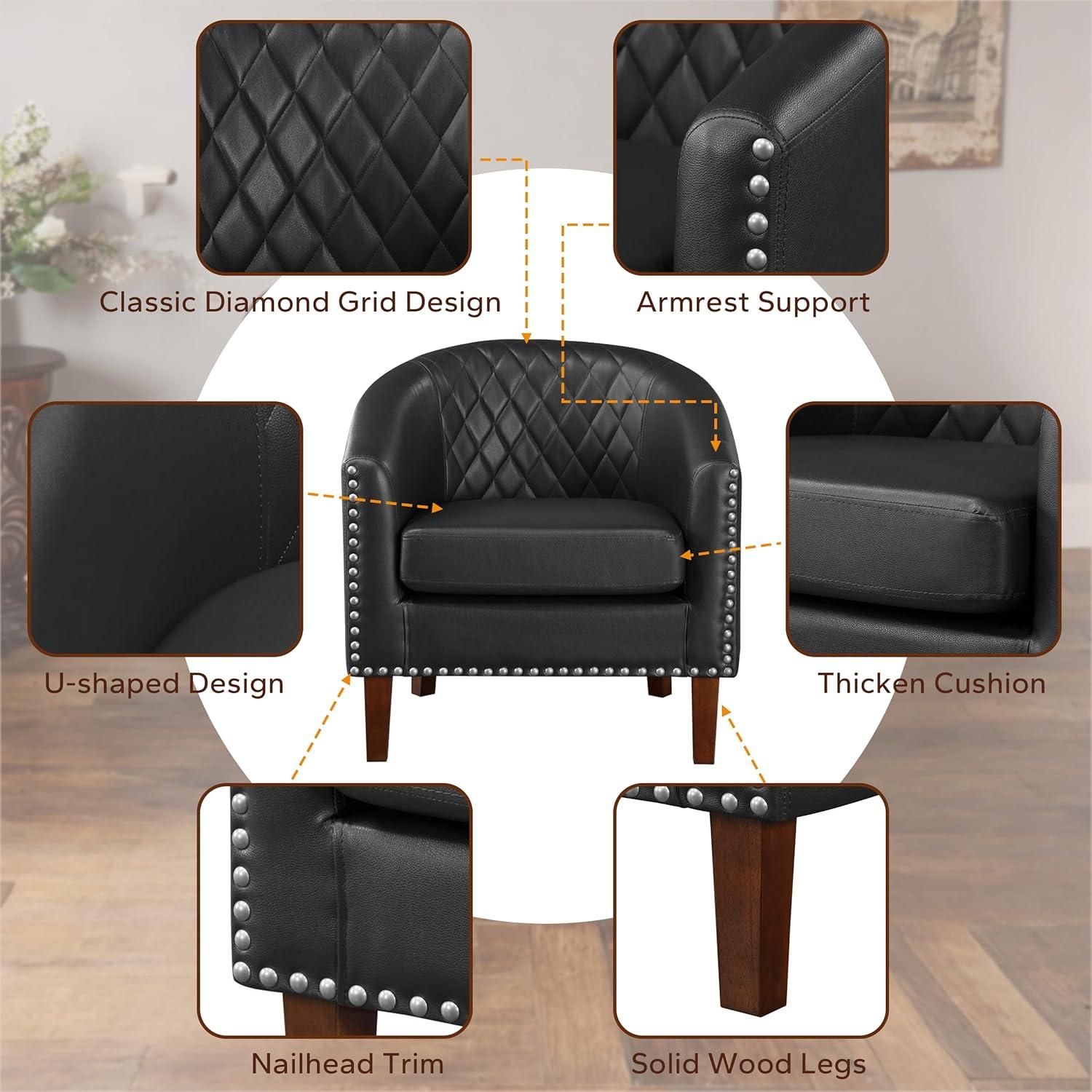 Prilinex Comfy Barrel Accent Chair Set of 2 - Faux Leather Living Room Chair Club Chair with Cushion, Diamond Grid Backrest & Nailhead Trim, Guest Chair for Office, Bedroom & Waiting Room, Black