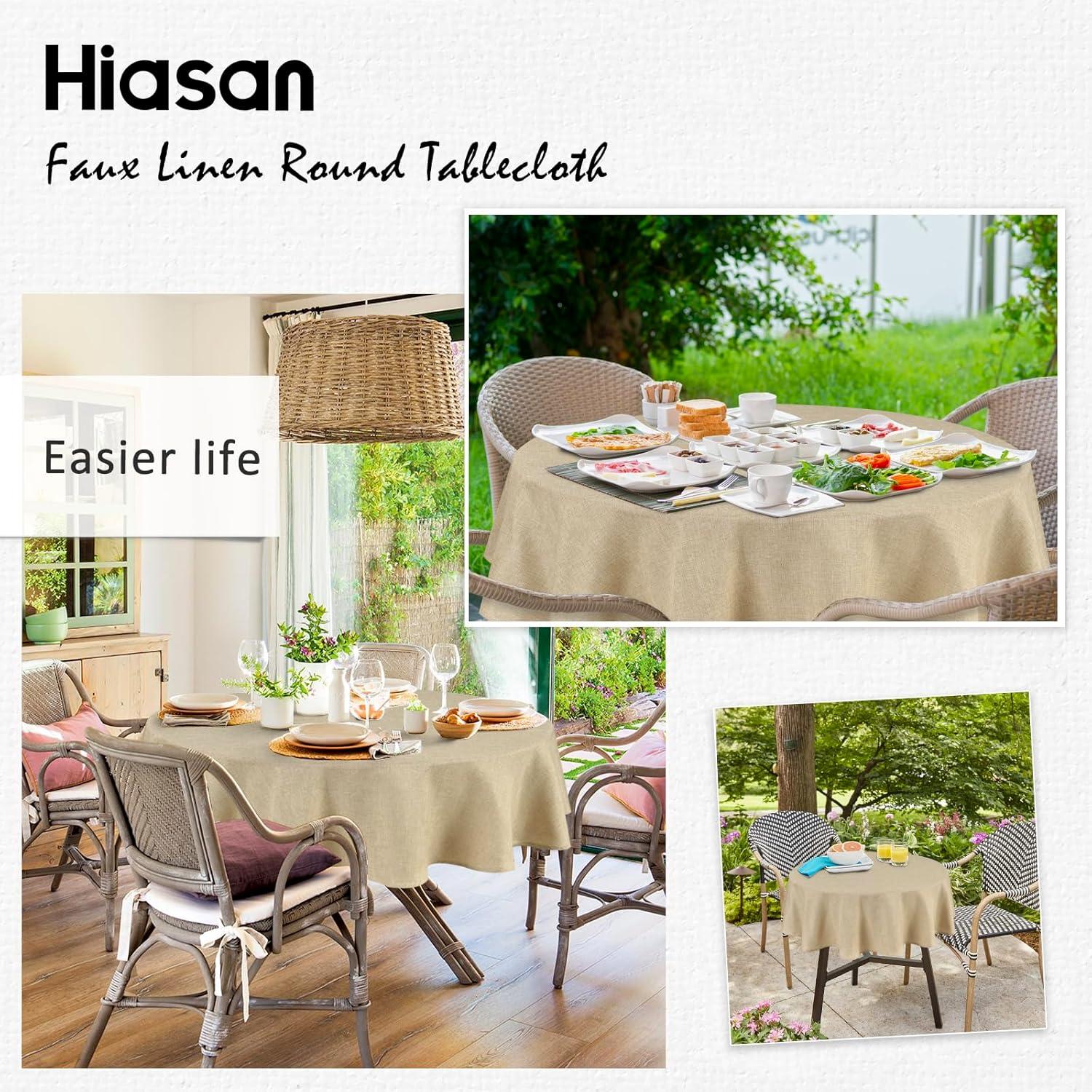Hokku Designs Round Linen Tablecloth 90 Inch - Wrinkle And Stain Resistant Washable Polyester Fabric Table Cloth For Dining Room Kitchen Party, Beige