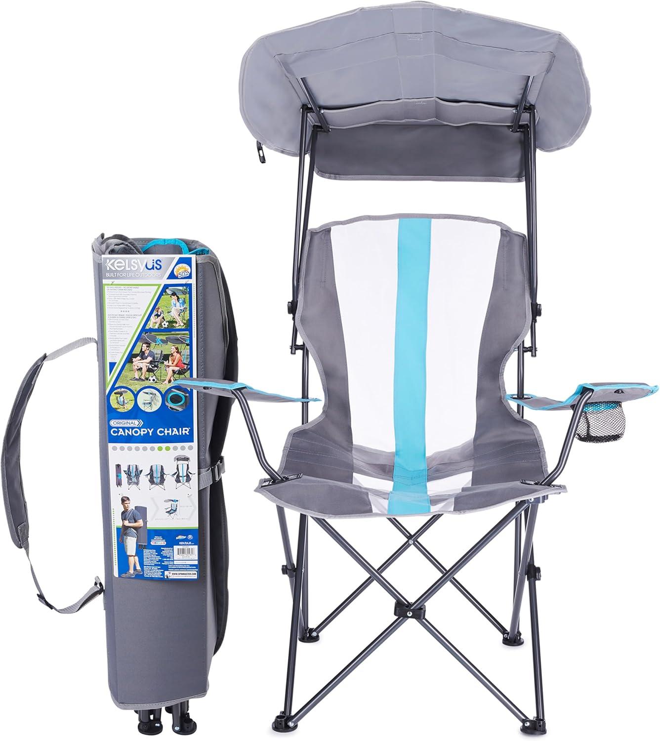 Kelsyus Premium Portable Camping Folding Outdoor Lawn Chair w/ 50+ UPF Canopy, Cup Holder, & Carry Strap, Blue & Gray