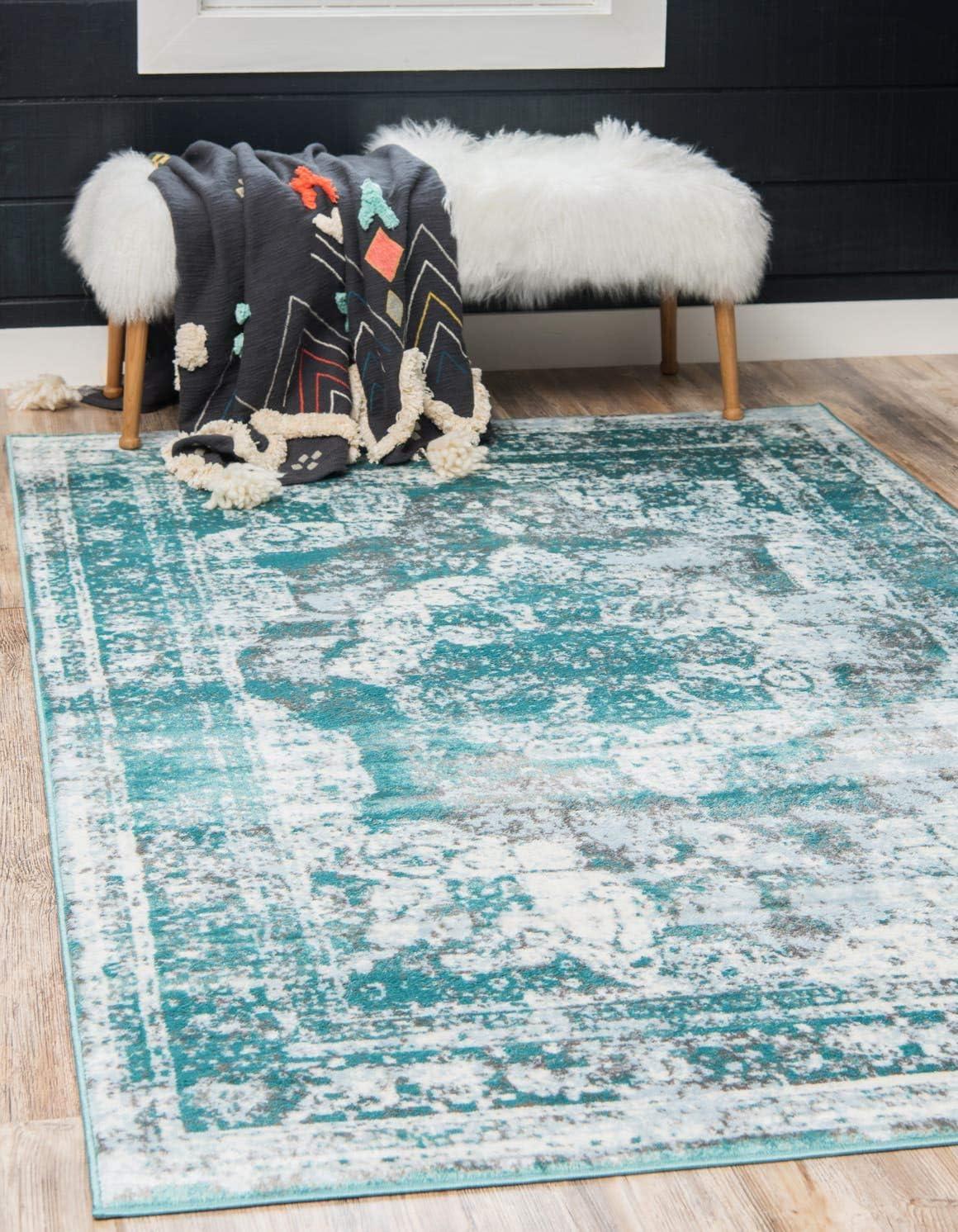 Turquoise and Light Blue Synthetic Low Pile Area Rug