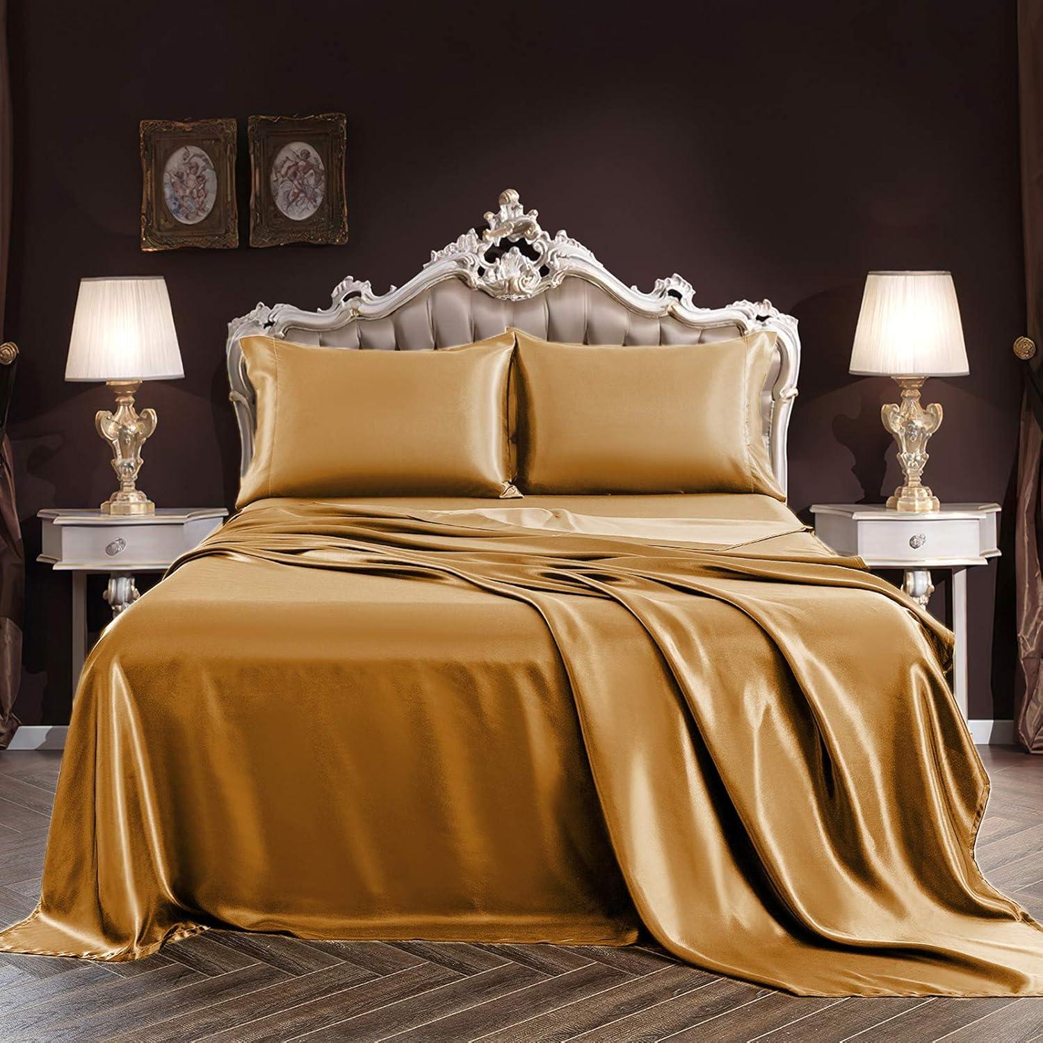 Soft Gold Satin Full Size 4-Piece Bed Sheet Set