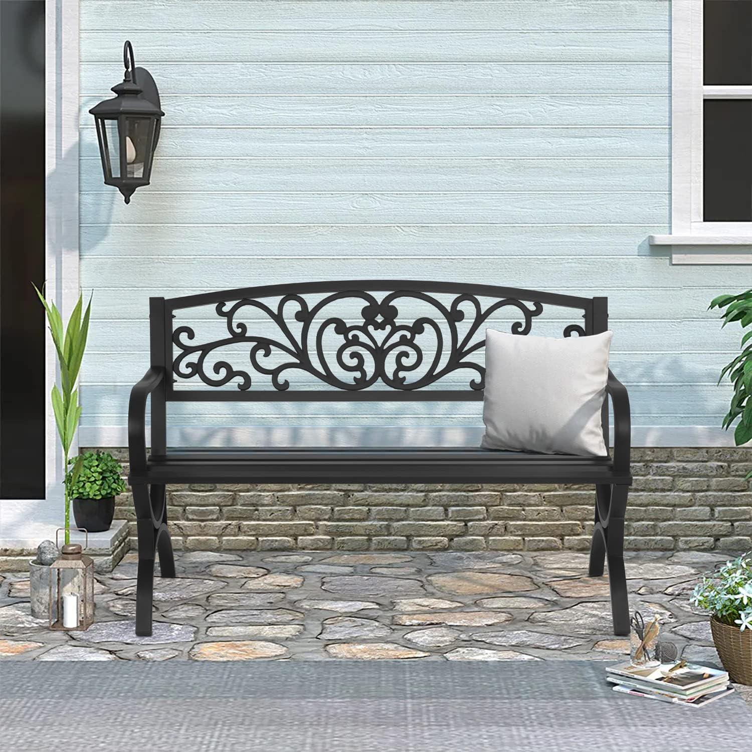 Patio Garden Bench 50 inch Outdoor Metal Loveseat Chairs with Armrests Slatted Seat and w/Floral Design Backrest for Park, Yard, Porch, Lawn, Balcony, Backyard, Black