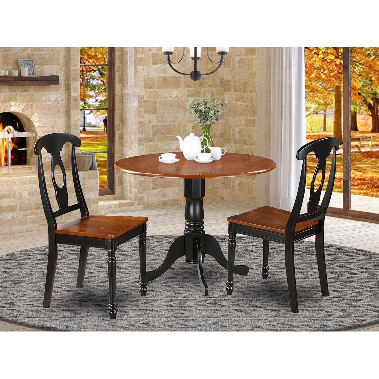 East West Furniture DLKE3-BCH-W 3 Piece Dining Set Contains a Round Dining Table with Dropleaf and 2 Kitchen Chairs, 42x42 Inch, Black & Cherry