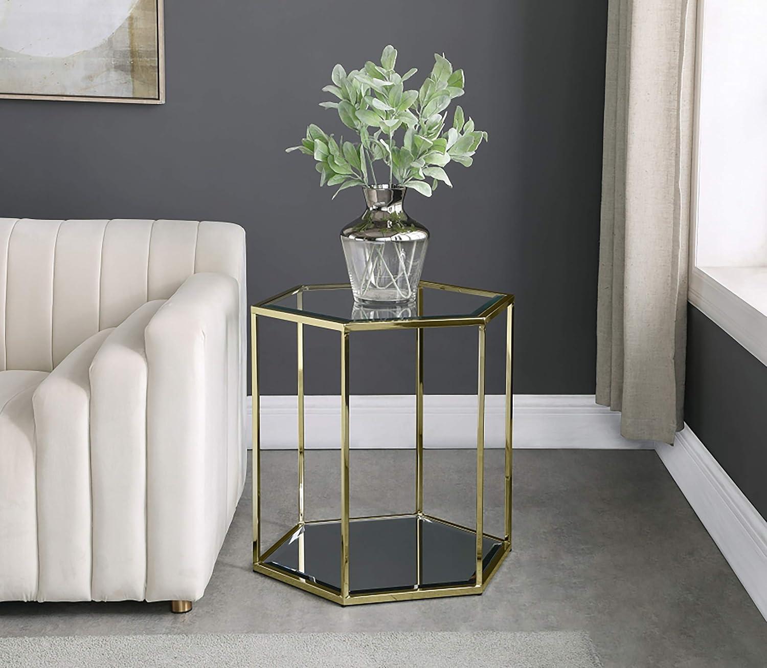 23.5" Brushed Gold and Glass Round Mirrored End Table with Storage