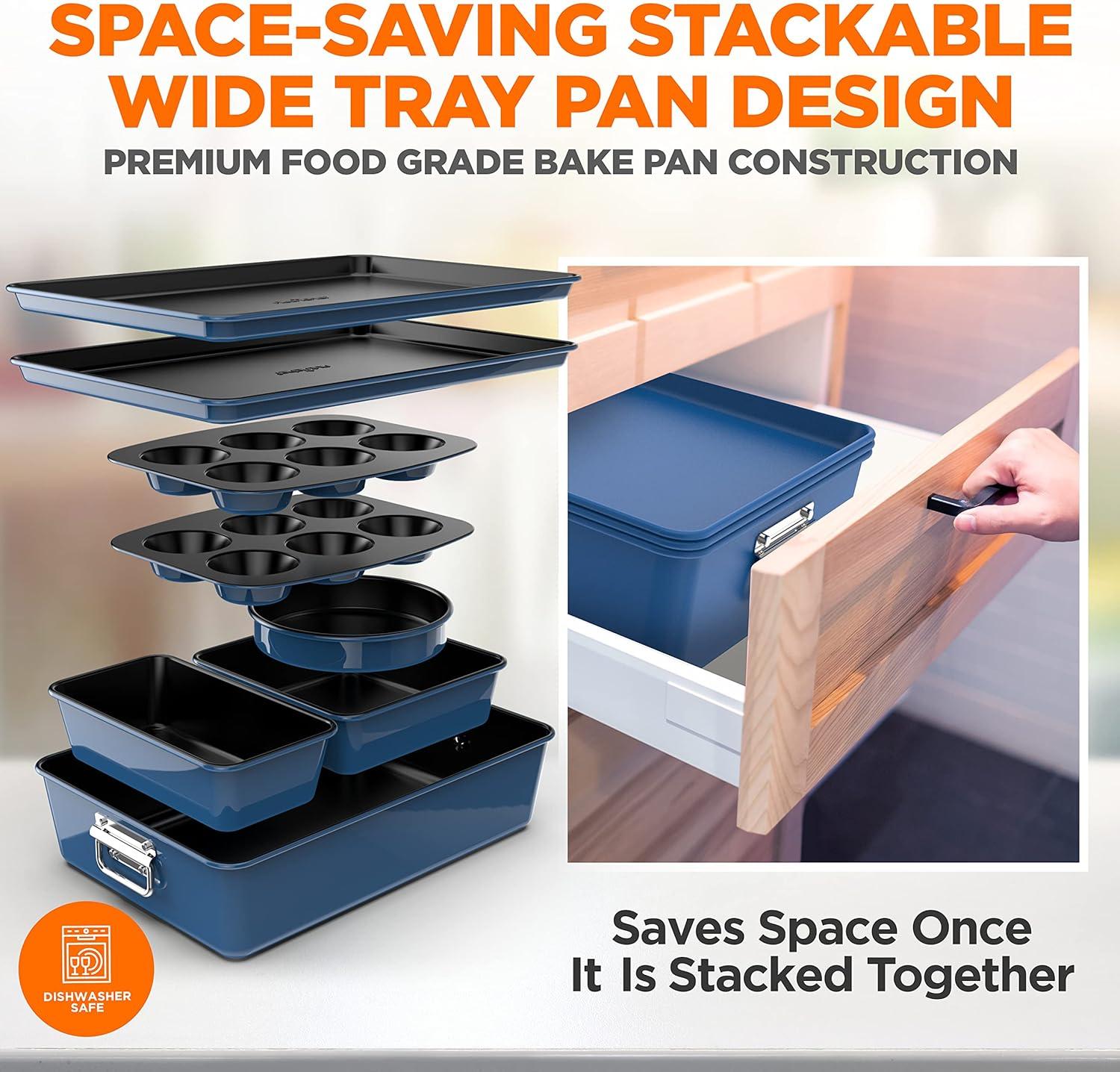 NutriChef 8-Piece Nonstick Stackable Bakeware Set - Pfoa, Pfos, Ptfe Free Baking Tray Set W/ Non-Stick Coating, 450°F Oven Safe, Round Cake, Loaf, Muffin, Wide/Square Pans, Cookie Sheet