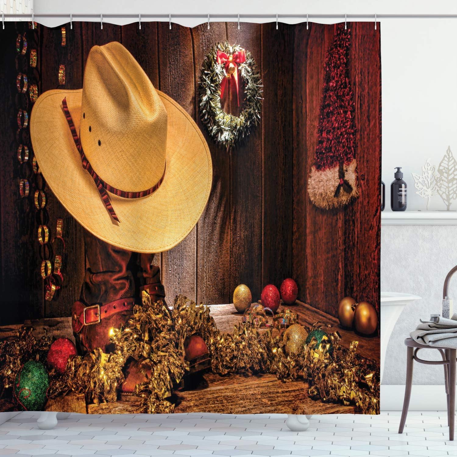 Farmhouse Christmas Western Fabric Shower Curtain with Hooks