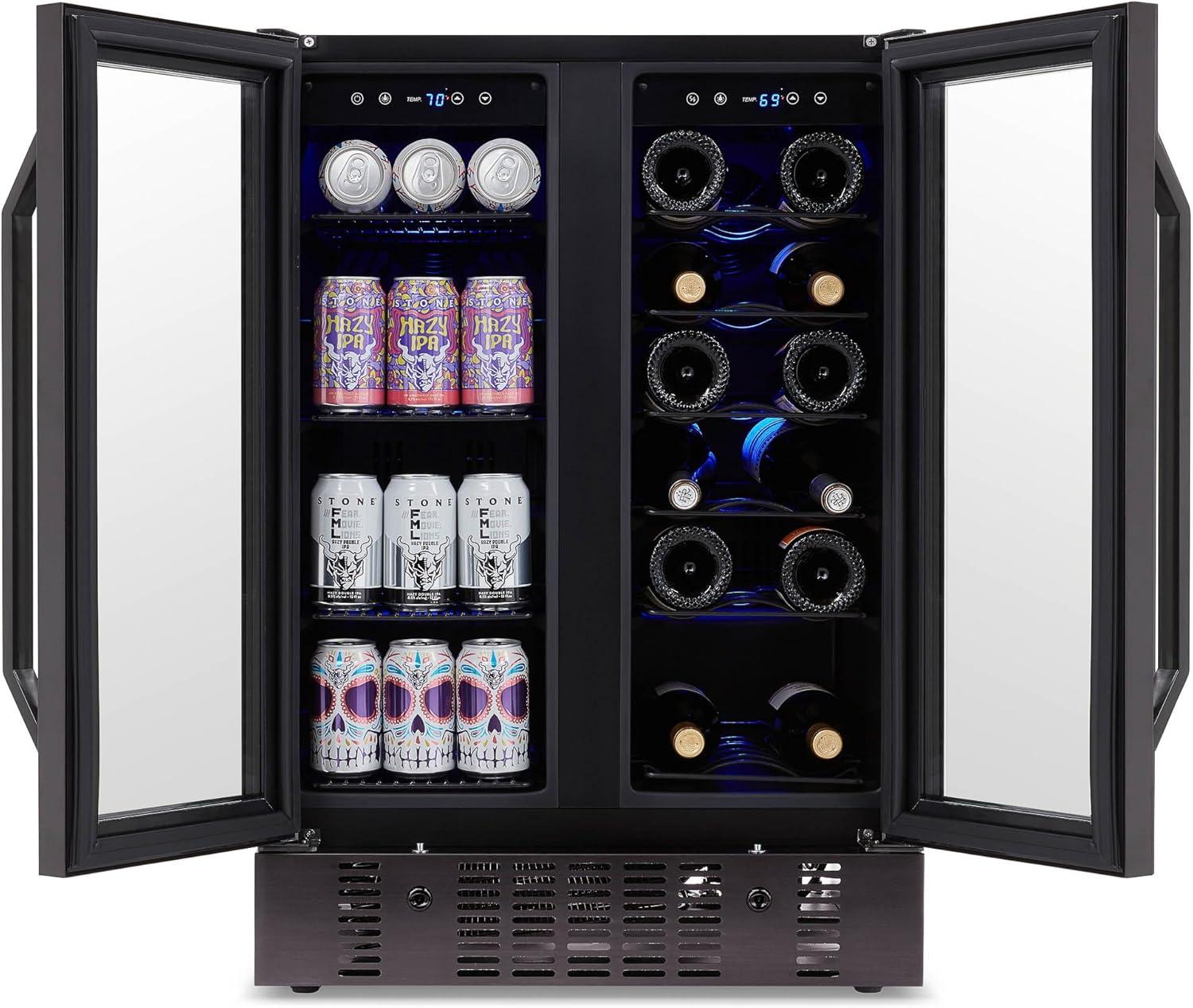 Newair 24" Wine and Beverage Refrigerator and Cooler, 18 Bottle and 60 Can Capacity, Built-in Dual Zone Fridge in Black Stainless Steel