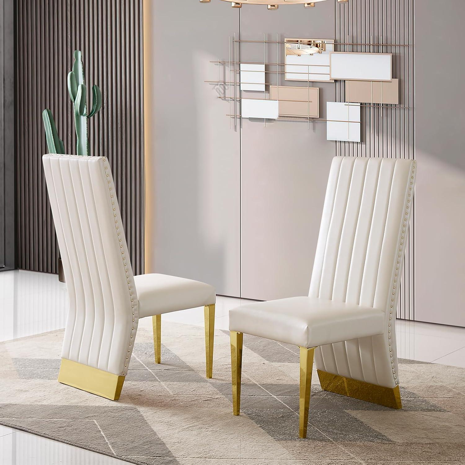 White Faux Leather High Back Side Chair with Gold Metal Legs