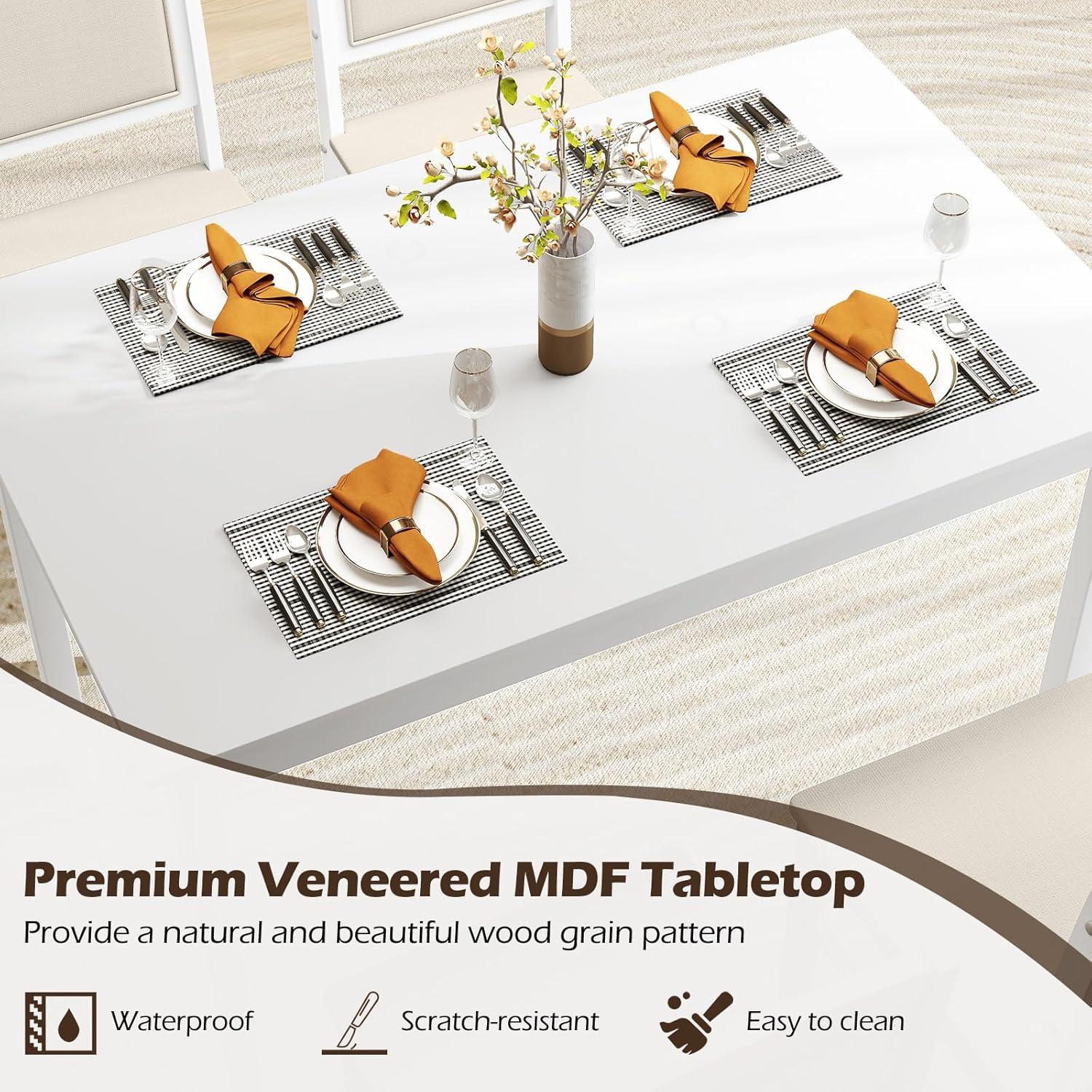 Tangkula Dining Table Set for 4, Farmhouse Solid Wood Dinette Set w/Rubber Wood Legs, Upholstered Seat & Padded Backrest, Mid-Century Modern Dining Table and Chairs Set for Kitchen, Dining Room