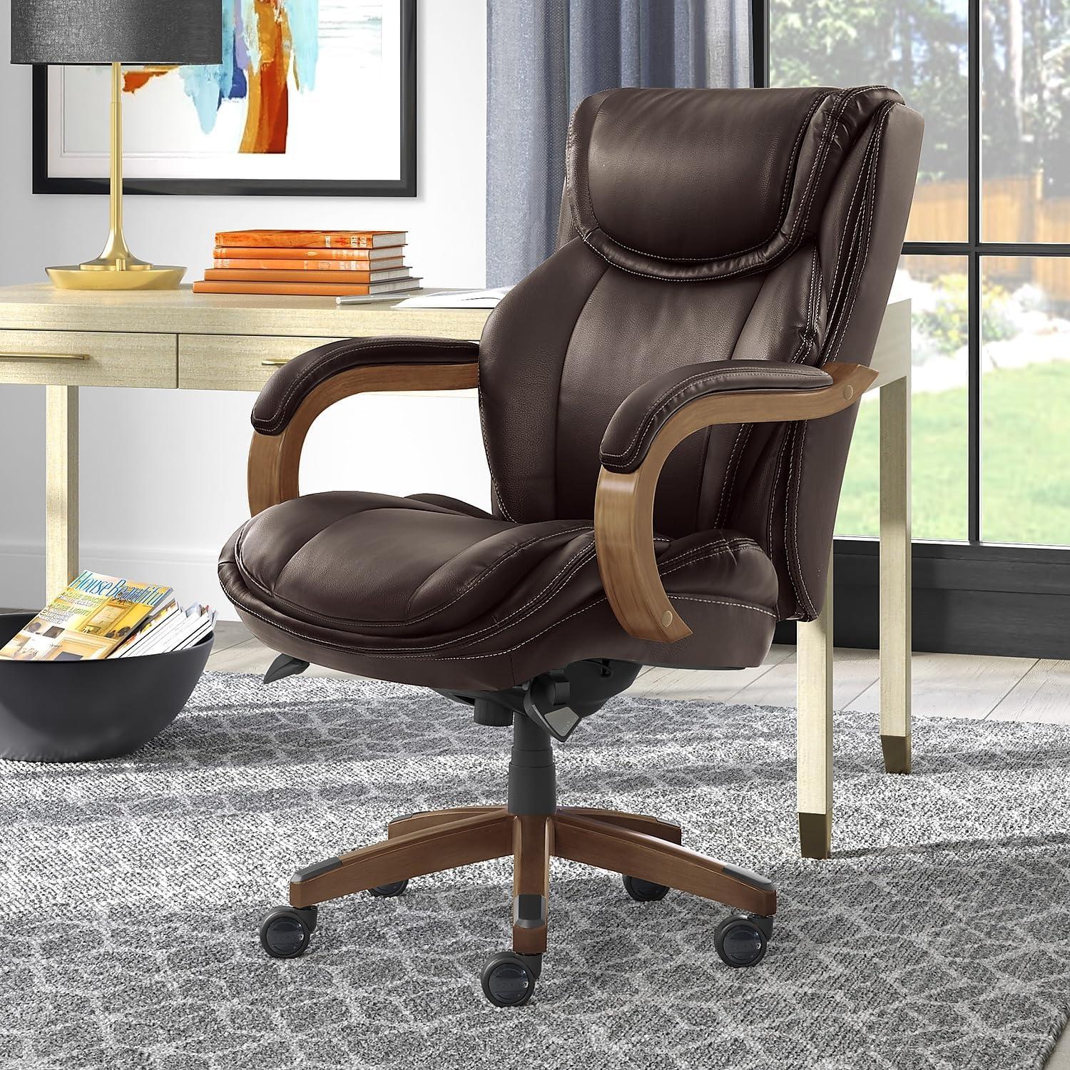 Luxury Coffee Brown Leather Executive Swivel Office Chair with Wood Base