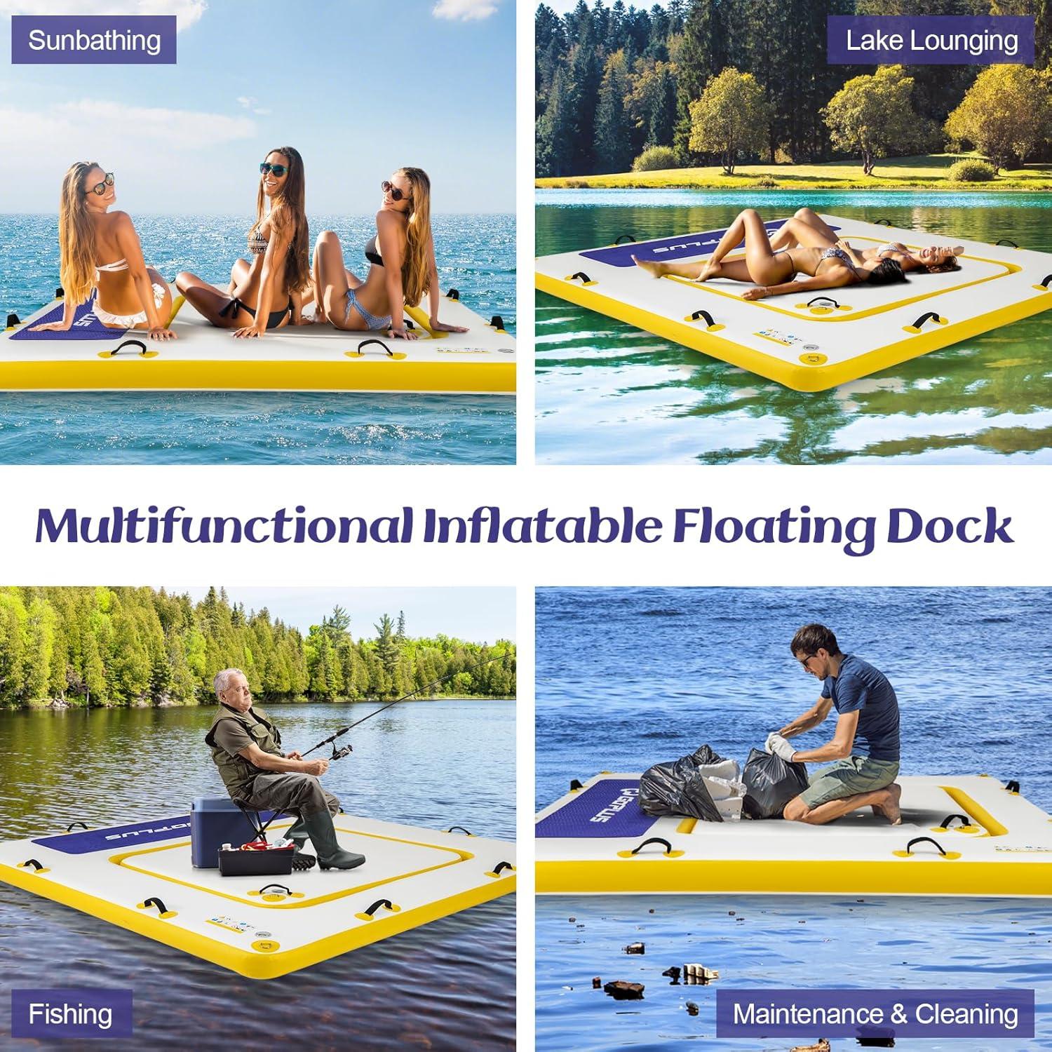 Goplus Inflatable Floating Dock, 8FT x 8FT x 6.5 Inch Thick Swim Dock Platform w/Mesh Swim Area, Non-Slip Pad, Portable Bag, Portable Bag, Water Mat Raft for Lake, Beach, River, Pool