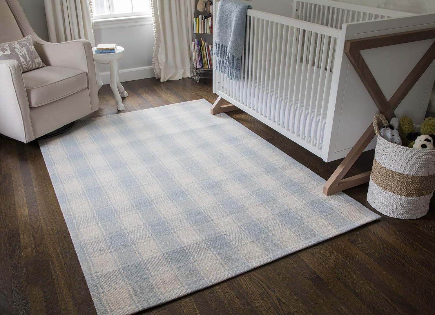 Plaid Hand-Woven Flatweave Wool Light Blue Area Rug