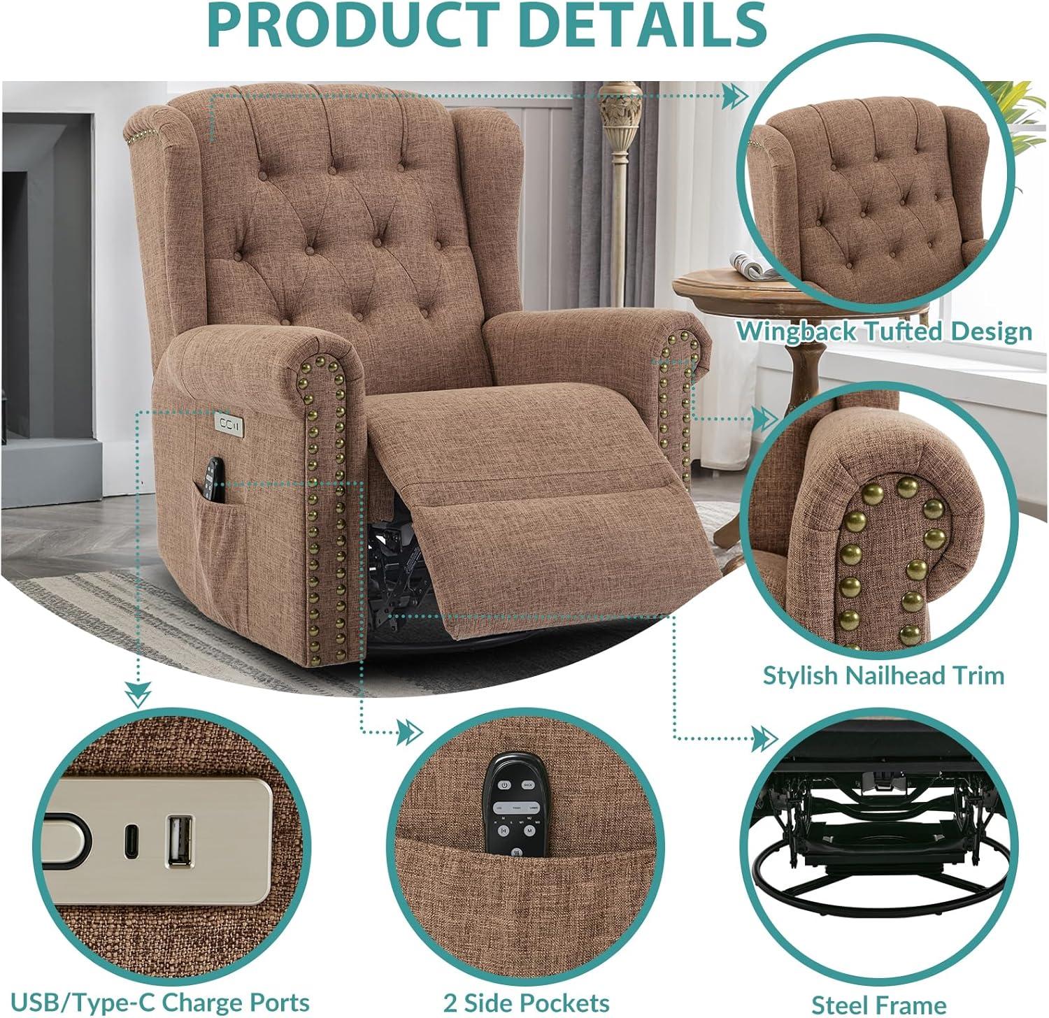 MEETWARM Meetwarm Power Swivel Rocking Glider Recliner Chair With Heat And Vibration, Electric Rocker Nursery Reclining Chair, Wingback Tufted Upholstered Recliner For Living Room, Type-C & Usb Ports