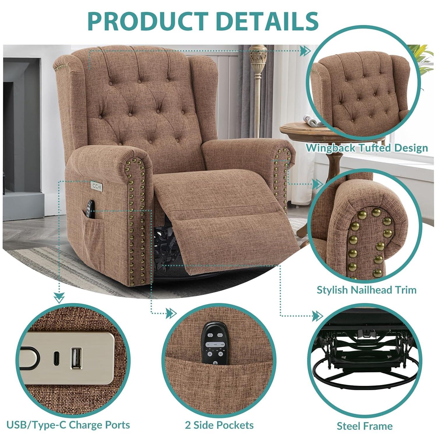 MEETWARM Meetwarm Power Swivel Rocking Glider Recliner Chair With Heat And Vibration, Electric Rocker Nursery Reclining Chair, Wingback Tufted Upholstered Recliner For Living Room, Type-C & Usb Ports