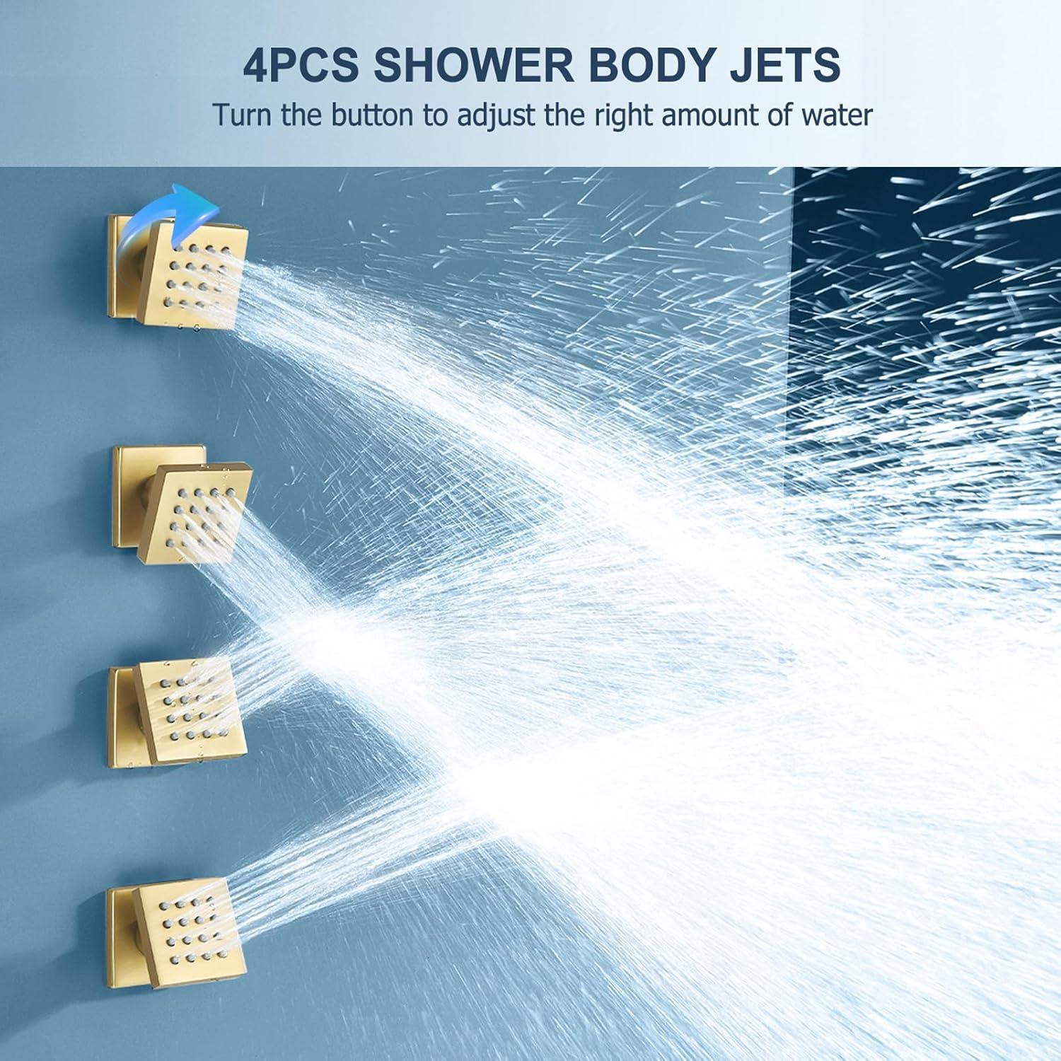 Shower Body Spray Jets with On Off 4PCS Square Shower Body Jet Brass Head Spray Spa Massage Body Shower Side Wall Spray Jets-Flow Cotrol (Brushed Gold)