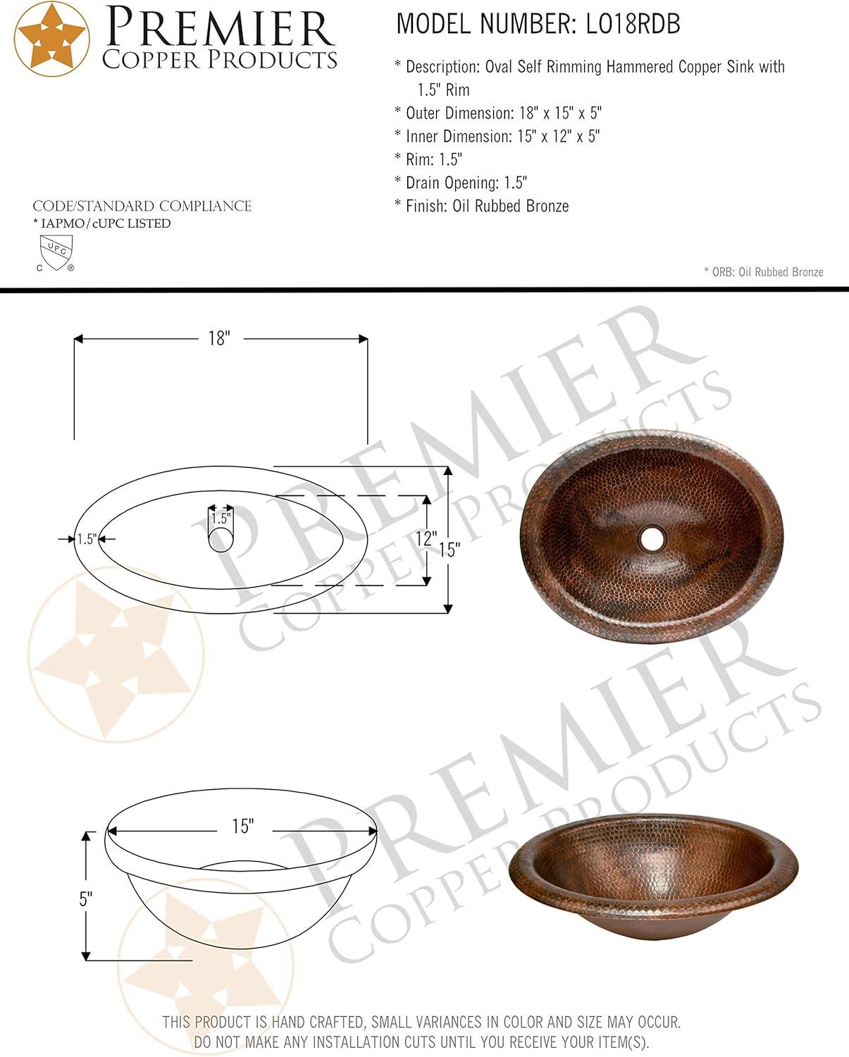 18" Wide Rim Oval Self Rimming Hammered Copper Bathroom Sink