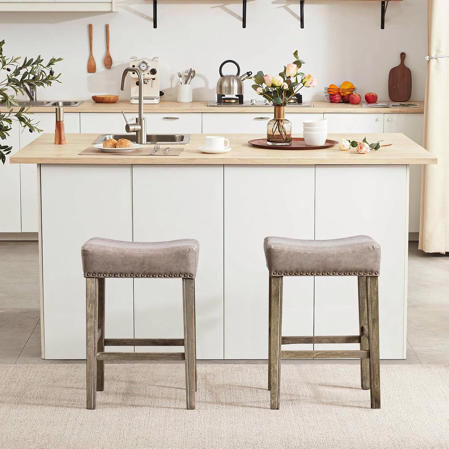 Bar Stools Set of 2, 26" Faux PU Leather Upholstered Counter Height Backless Saddle Stools with Nailhead Trims and Solid Wood Legs Farmhouse Island Chairs for Kitchen Dining Room Pub, Gray