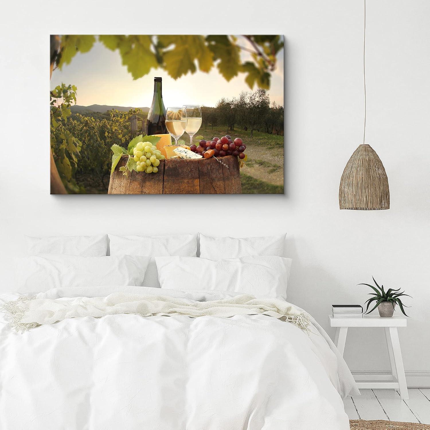 Asdg12s-Canvas Print Wall Art White Wine with Blue Cheese & Red and White Grapes Drinks Cocktails Photography Modern Art Chic Scenic Ultra for Living Room, Bedroom, Office - 32"x48"