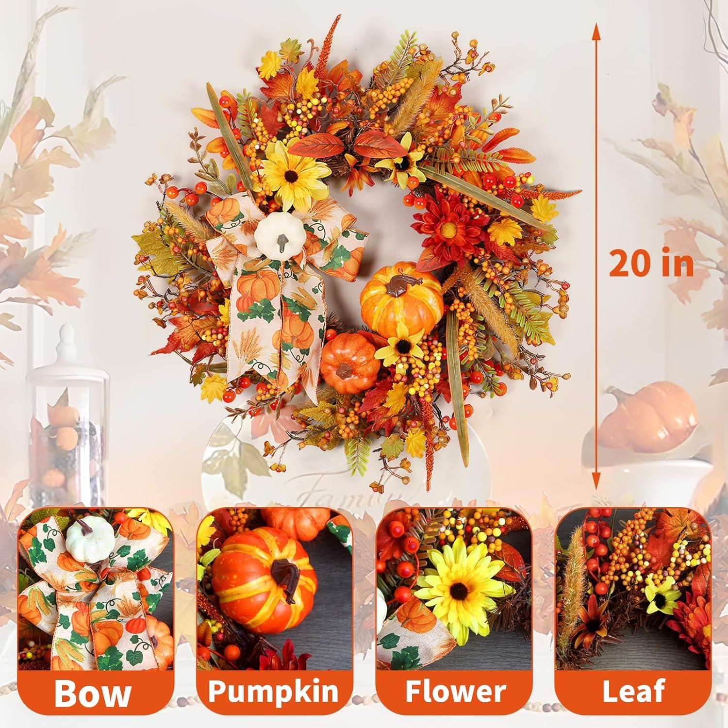 Fall Wreath 20’’ Autumn Front Door Wreath Harvest Wreath with Sunflower Pumpkins Berries Maple Leaves Daisies for Outside Indoor Home Wall Festival Thanksgiving Autumn Farmhouse Decor