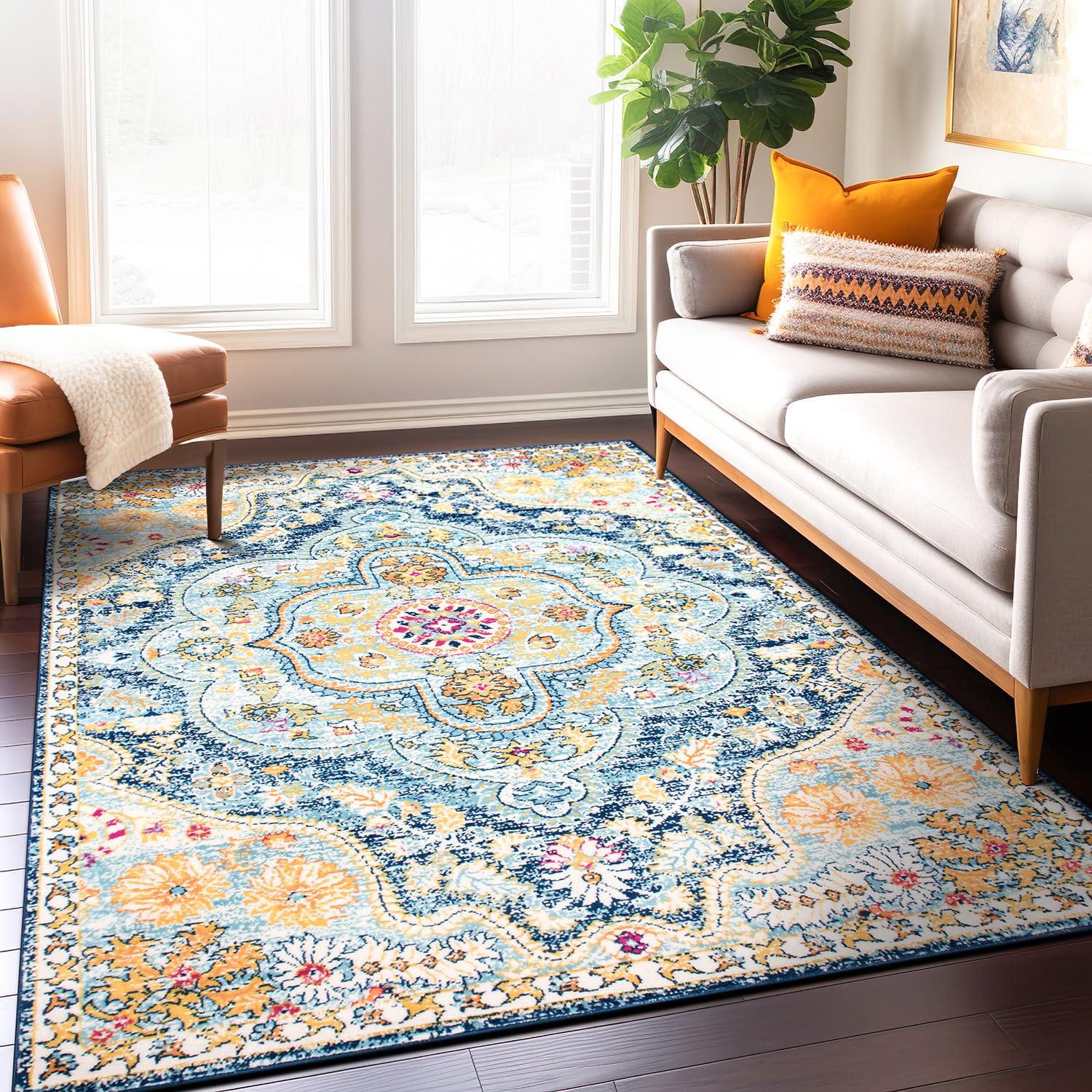 World Rug Gallery Distressed Vintage Bohemian Navy 5' x 7' Area Rug:  Medallion Pattern,  Pet Friendly,  Stain-Resistant,  Low Pile