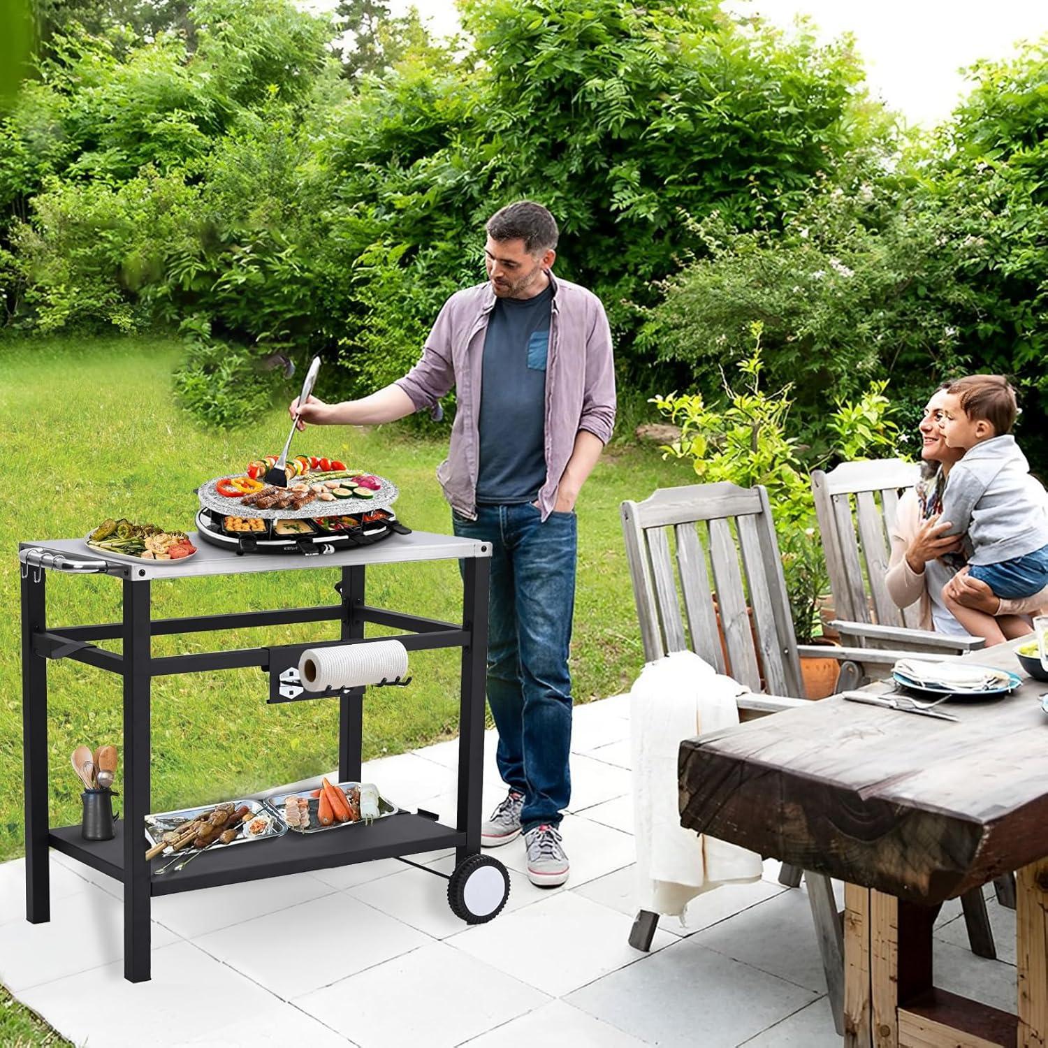 Outvita Outdoor Grill Cart, Movable Food Prep and Work Cart Table, Pizza Oven Stand Table with Wheels, Indoor & Outdoor Multifunctiona BBQ Cart with Mesh Racks for Home Party Camping