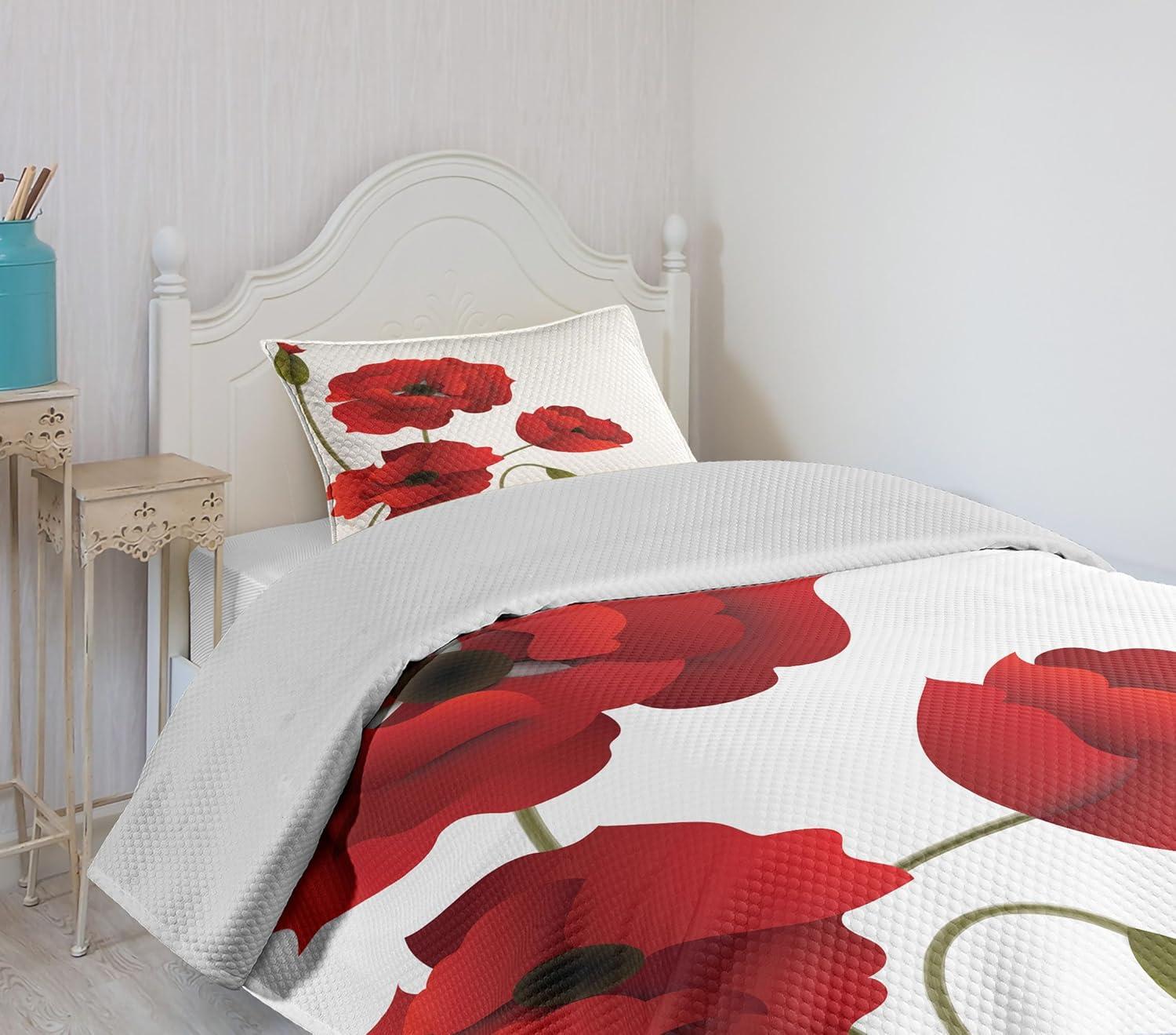 Ambesonne Ambesonne Floral Bedspread Set Flowers Petals and Buds Red Green