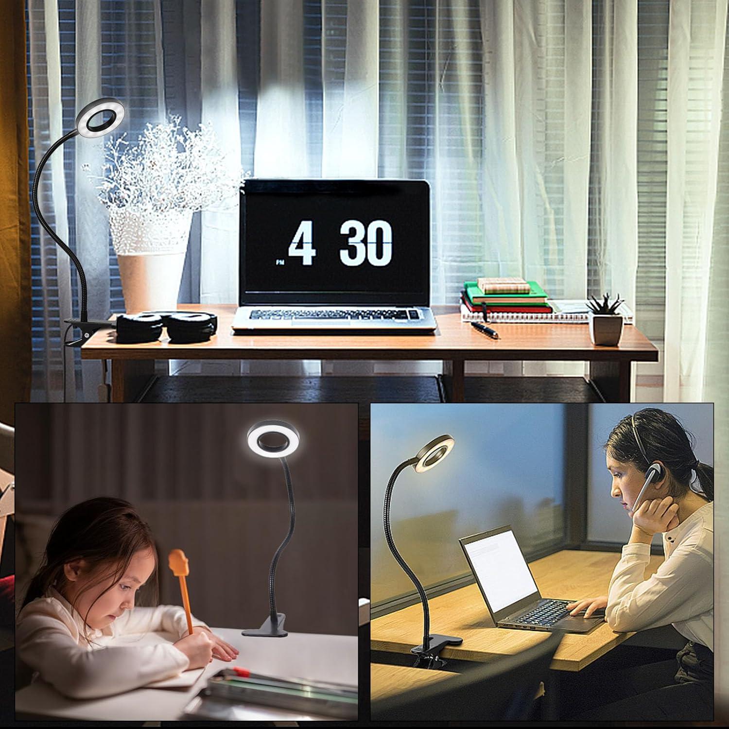 Desk Clip on Lamp for Reading Home Office, 10 Dimmable Brightness 3 Modes, Clamp Light for Bed Headboard