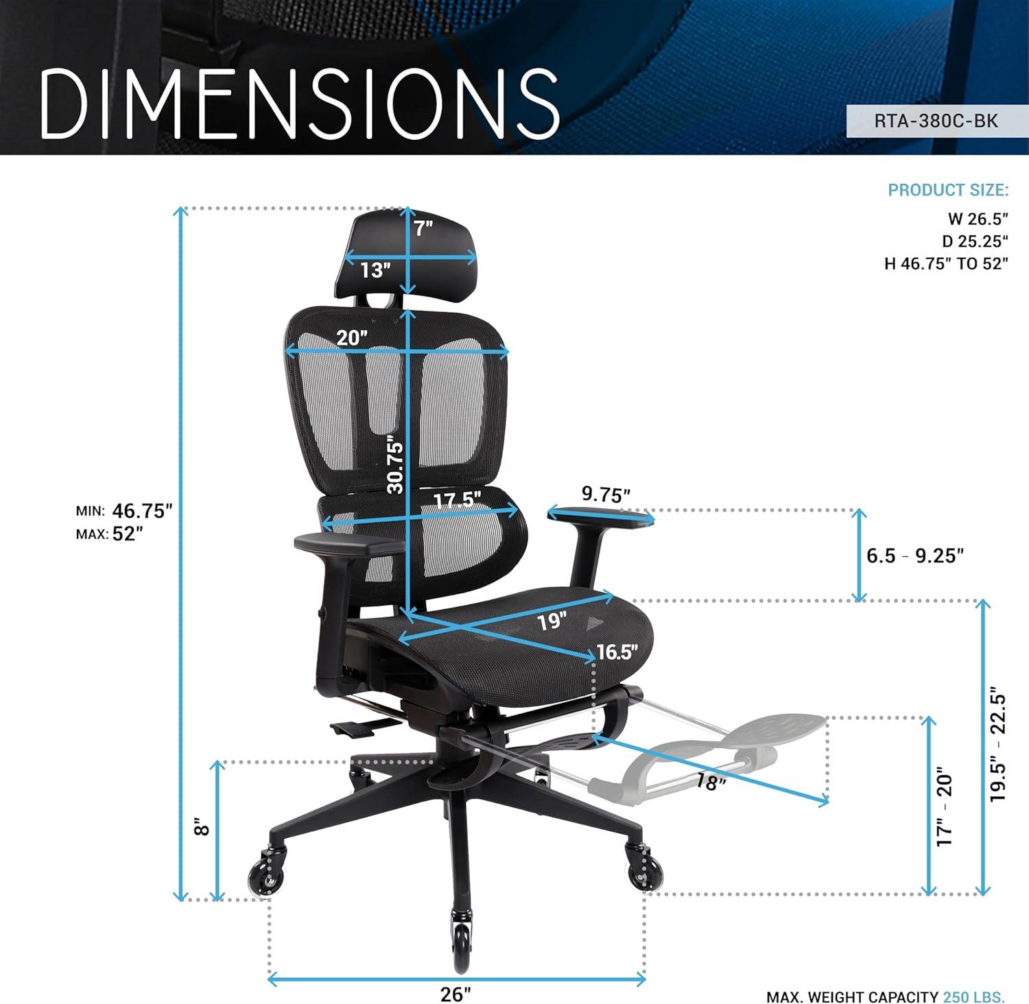 Techni Mobili Ultimate Reclining Ergonomic Mesh Office Chair with Lumbar Support and Footrest RTA-380C-BK