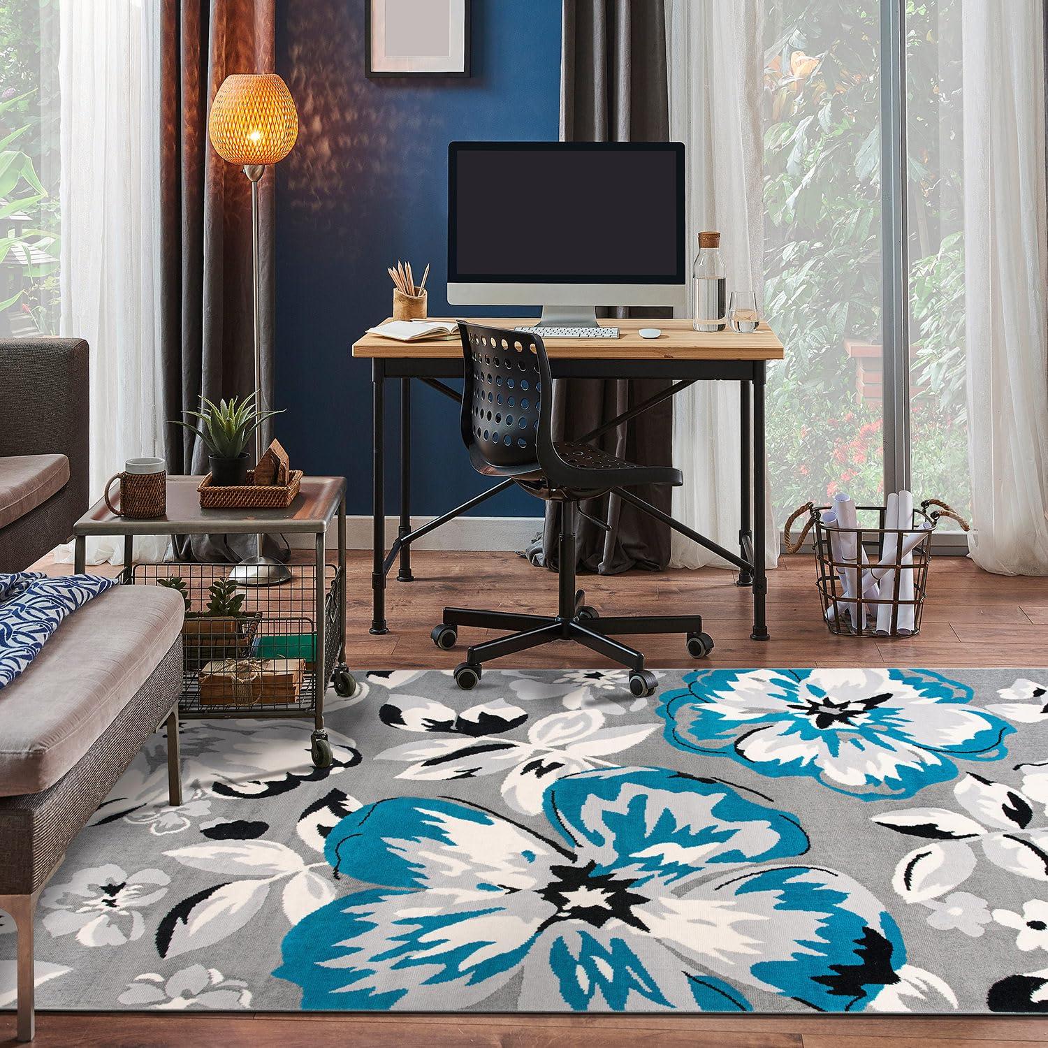 World Rug Gallery Modern Floral Design Blue 6'6" x 9' Area Rug:  Stain-Resistant,  Pet Friendly,  Low Pile,  Machine Made