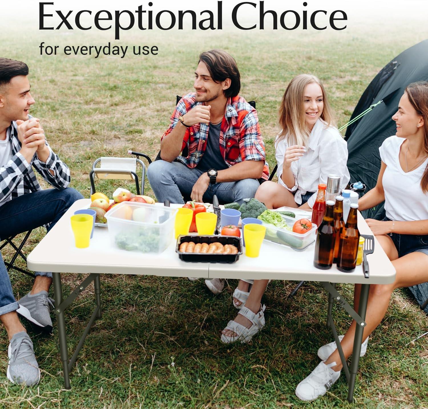 CL.HPAHKL Folding Table with Carrying Handle, Portable Plastic 6 Ft Camping Table, Sturdy Steel Frame for Indoor Outdoor, White