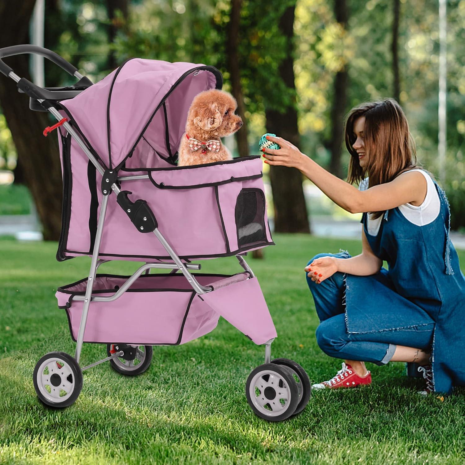 Pink 3-Wheel Foldable Waterproof Dog Stroller with Storage