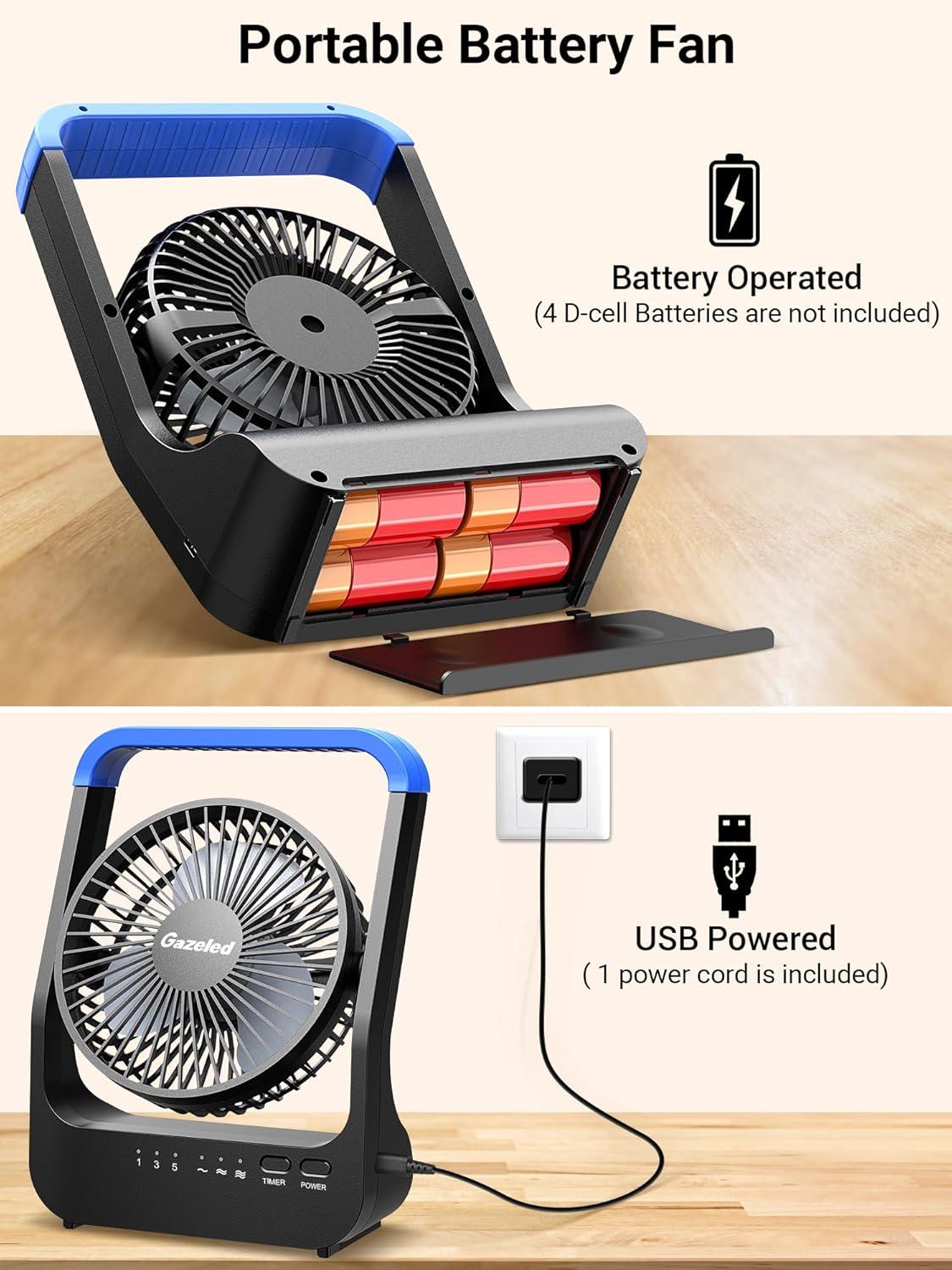 Gazeled Battery Operated Fan,Camping Fan, Super Long Lasting, Portable D-Cell Battery Powered Desk Fan with Timer,3 Speeds, Quiet, 180° Rotation,Cooling Fan for Bedroom,Home,Office,Outdoor, 5'',Blue