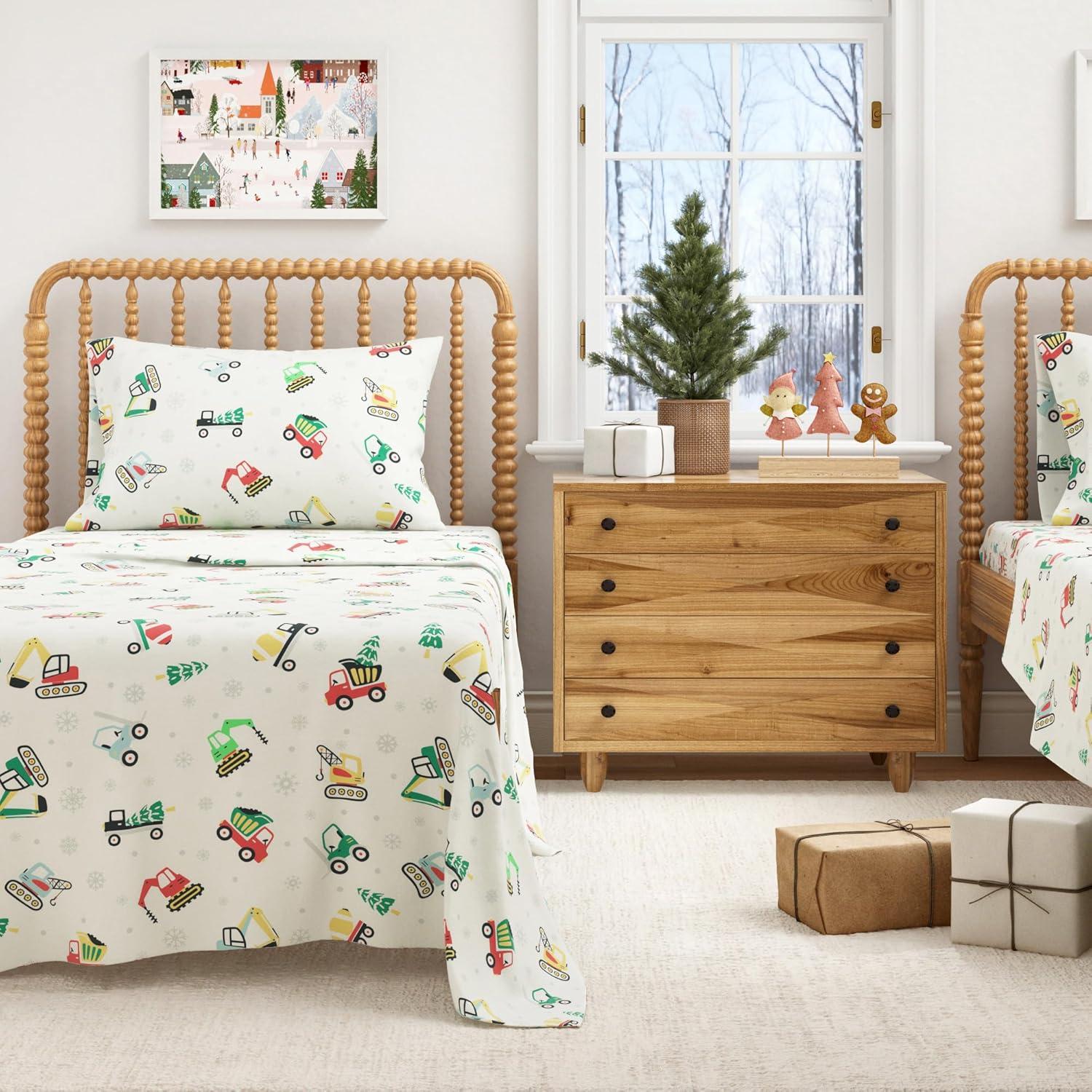 100% Cotton Christmas Flannel Sheets - Great Bay Home (Twin, Christmas Toy Trucks)