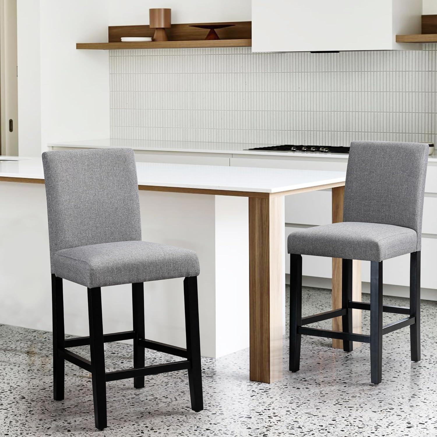 Set of 4 Gray Upholstered Counter Stools with Wood Legs