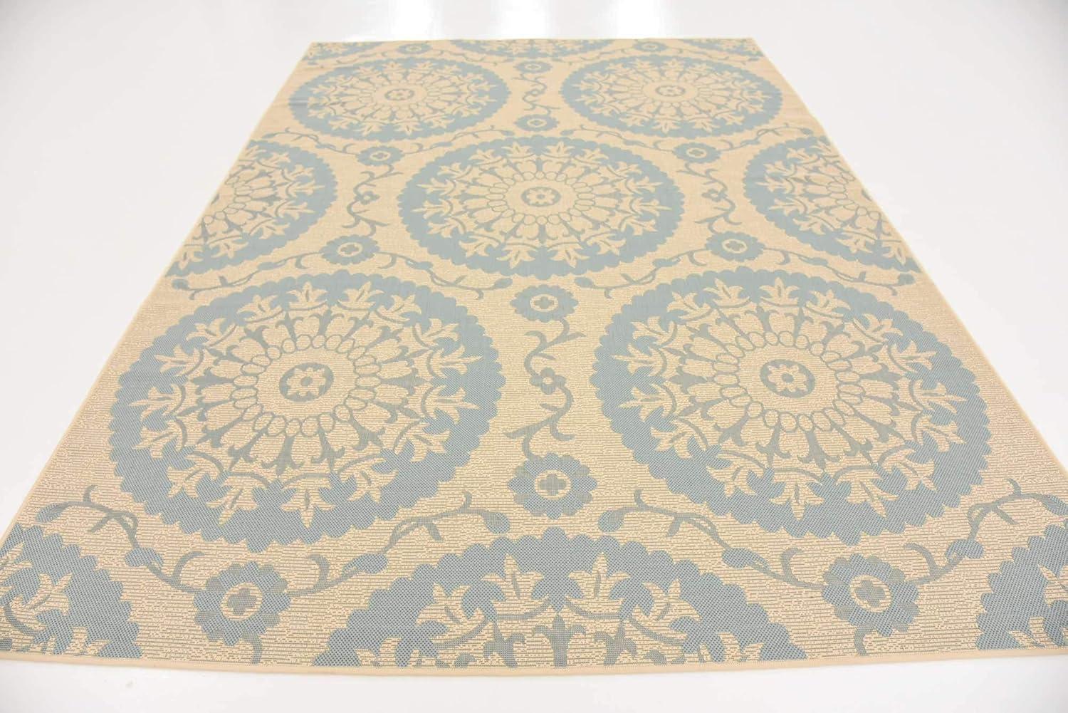 Unique Loom Outdoor Botanical Collection Area Rug - Medallion (7' 1" x 10' Rectangle Aqua/Beige)