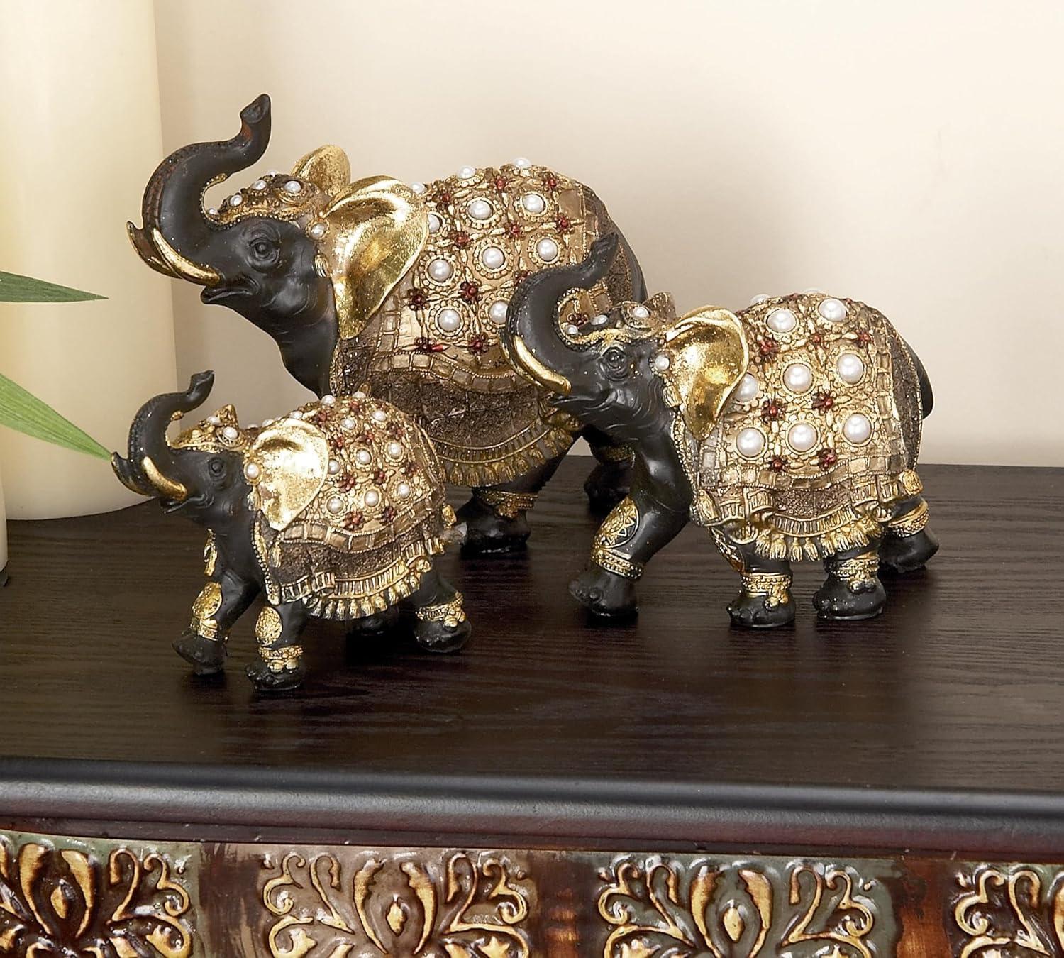 World Menagerie Alfhild Polystone Handmade Decorated Elephant Gold Sculpture with Ornate Dresswear and Pearl Accents Set