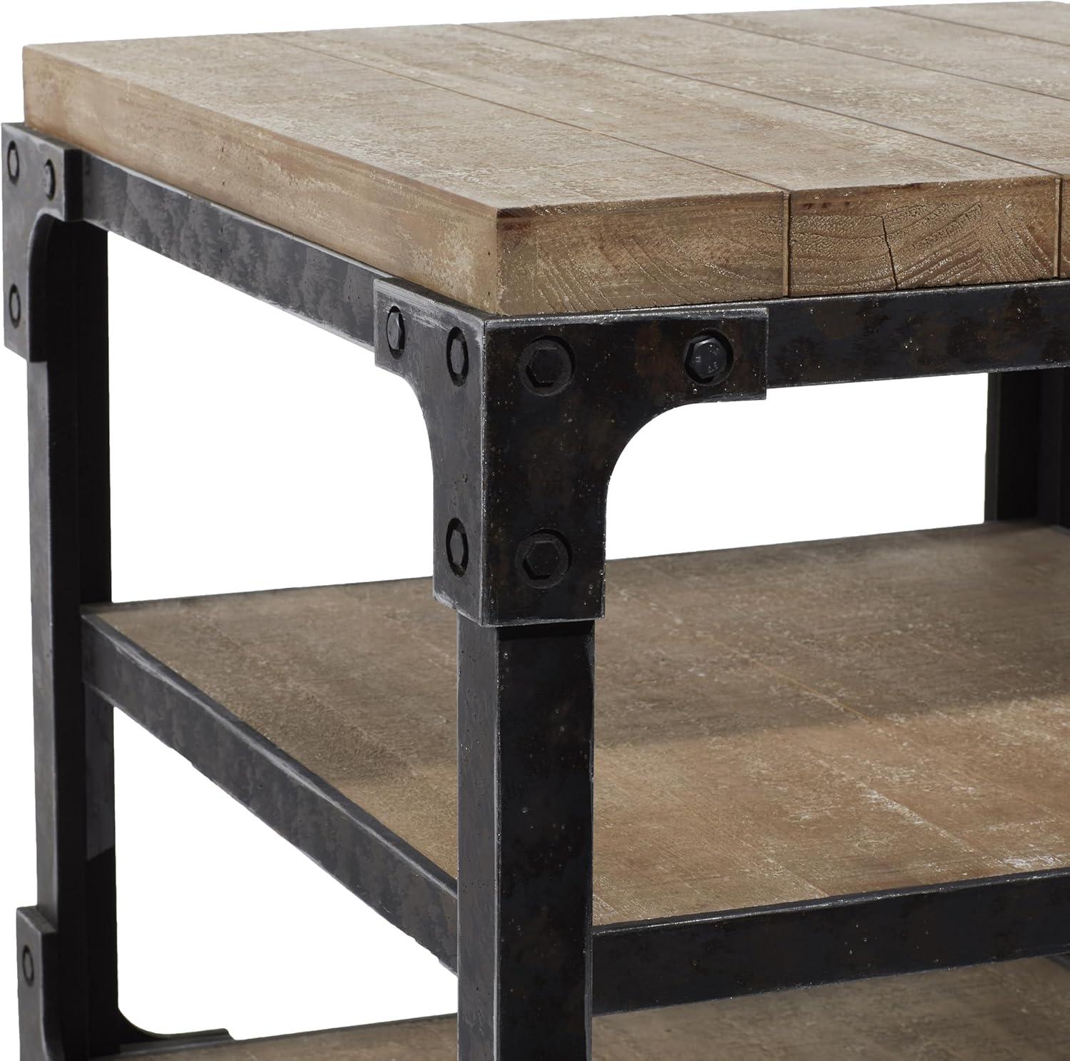 Olivia & May Industrial 3 Tier Side Table Brown: Sturdy Wood Frame, Fixed Shelves, Square Shape