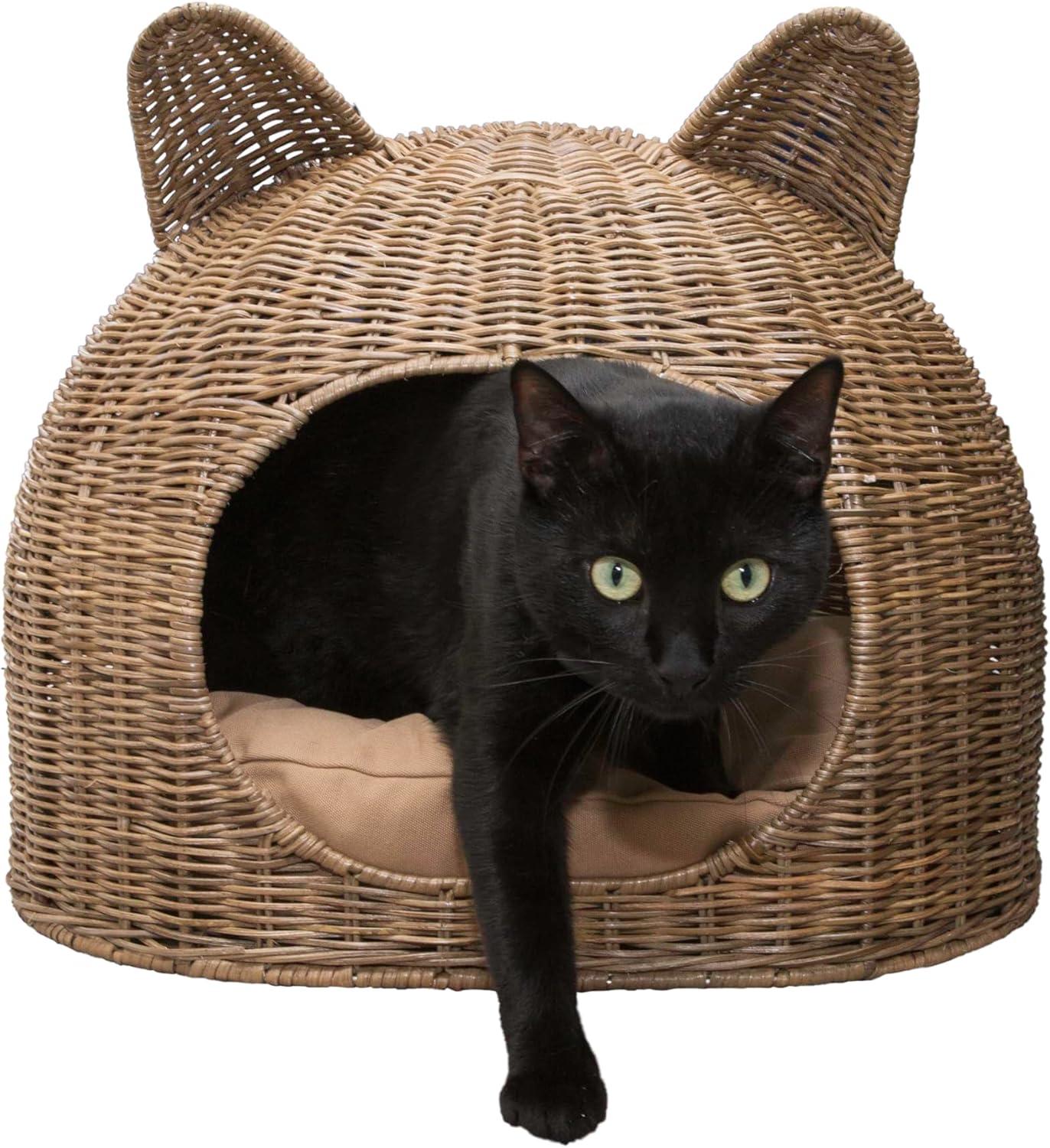 Cat Ear Coastal Handwoven Rattan Cat Bed with Machine-Washable Cushion