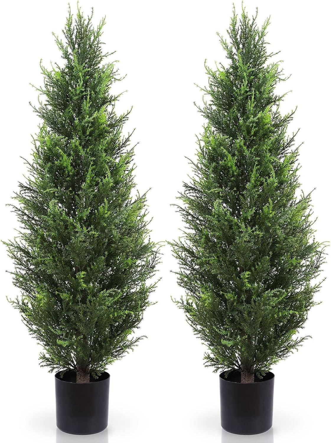 Artificial Cedar Tree 2 Pack 3 ft Outdoor Artificial Topiary Cedar Plants Fake Tree UV Rated Potted Plants for Porch Decor Faux Pine Tree for Perfect Housewarming Gift