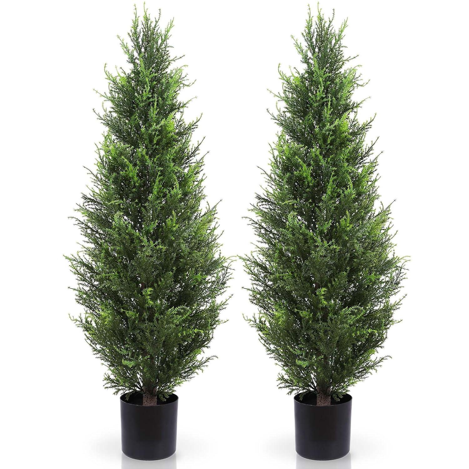 2 Pack 3ft Artificial Cedar Topiary Trees for Outdoors, Fake Cypress Plants with Solar Light String, Faux uv resistant Plants for Home Front Porch Decor, Housewarming Gift